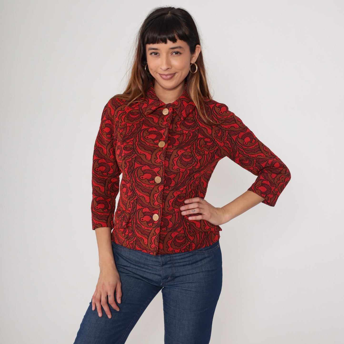 70s Lincoln Center Paisley Print Jacket Red Brown Button Front Medium