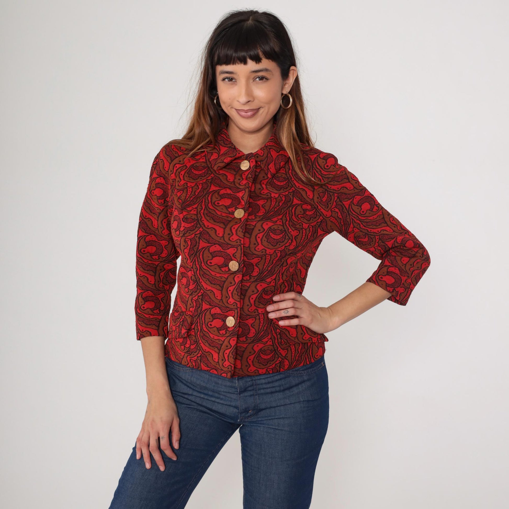 70s Lincoln Center Paisley Print Jacket Red Brown Button Front Medium