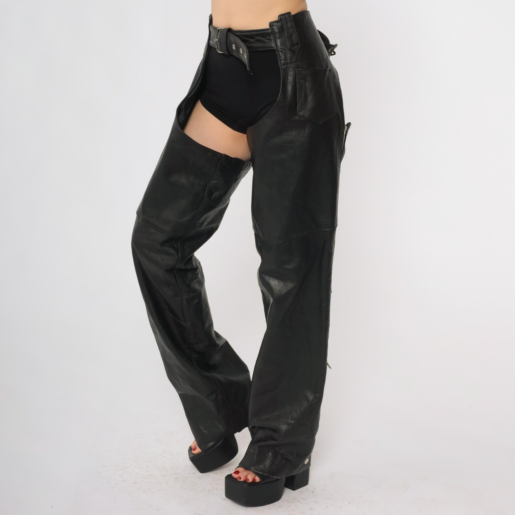 90s Xelement Black Leather Chaps Motorcycle Gear Buckle Lace-Up Large L