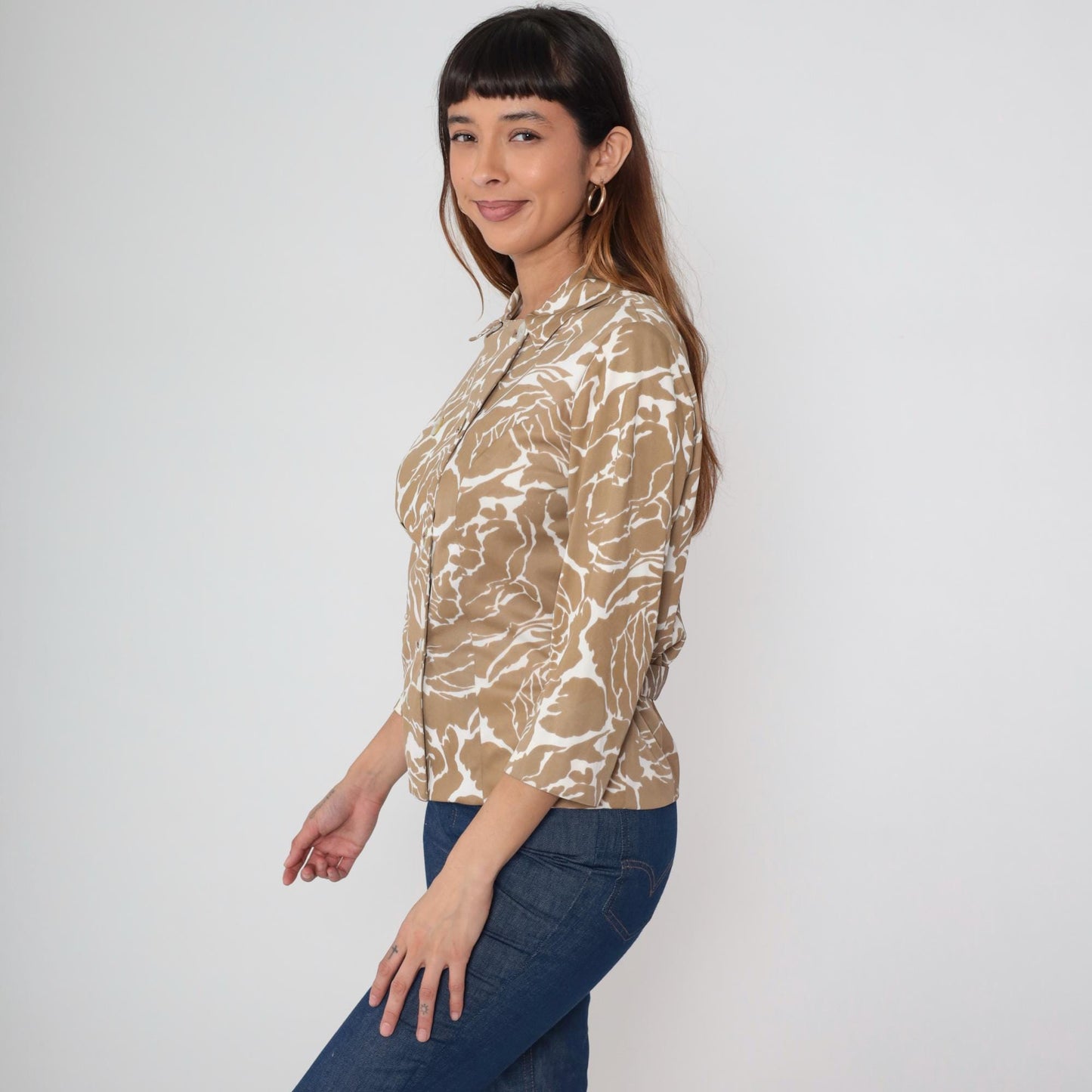60s Mod Jacket Beige White Abstract Floral Double Breasted Cropped Large L