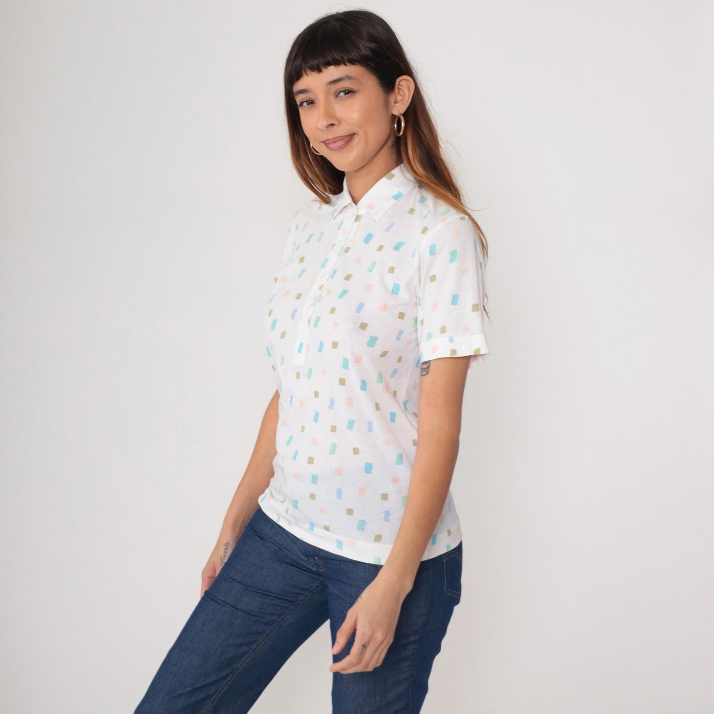 80s Leon Levin Polo Shirt White Geometric Pastel Collared Small S