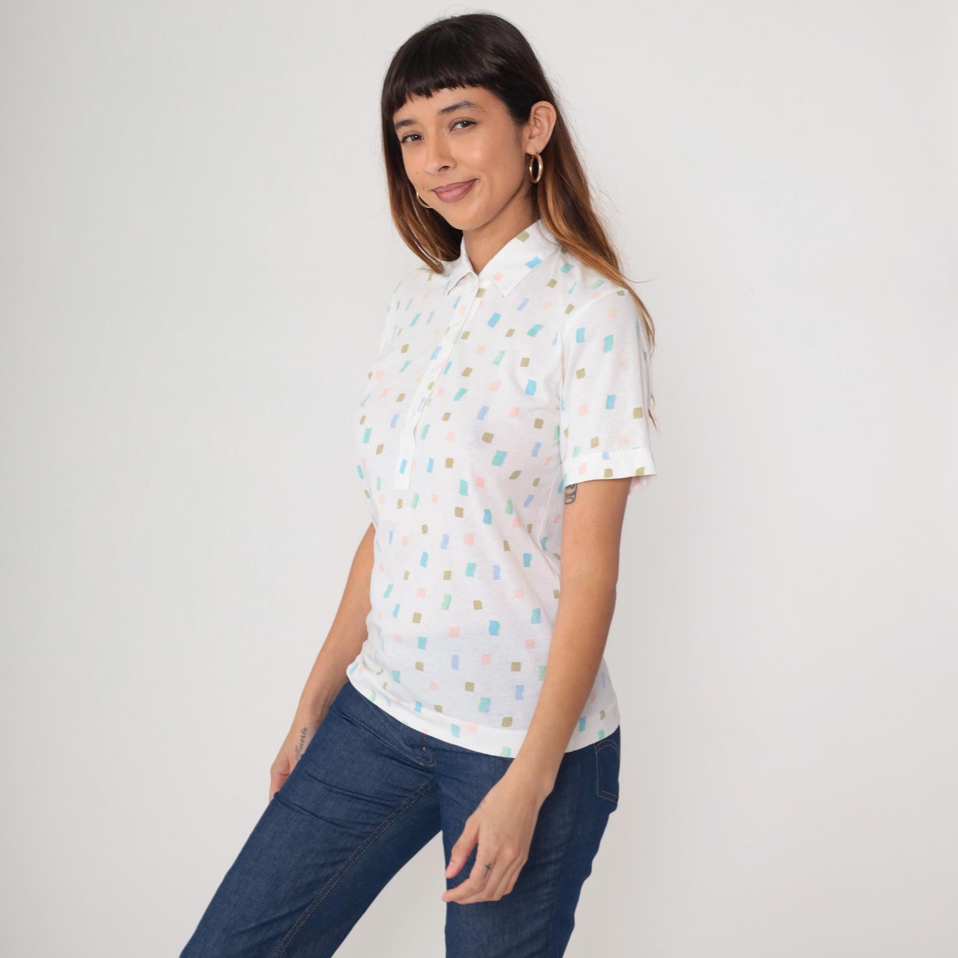 80s Leon Levin Polo Shirt White Geometric Pastel Collared Small S