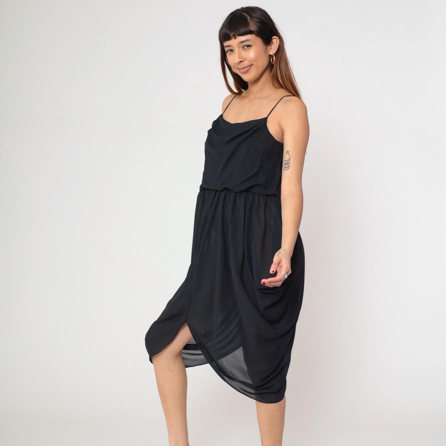 80s Entourage Black Cowl Neck Midi Dress Spaghetti Strap Handkerchief Hem Small