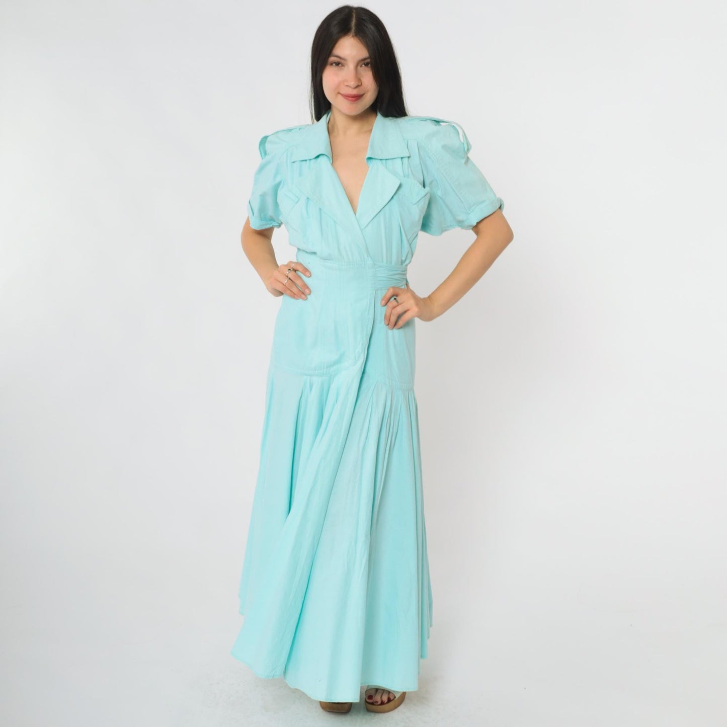 90s Karen Alexander Prairie Wrap Dress Mint Green Cotton Maxi Puff Sleeves Small S