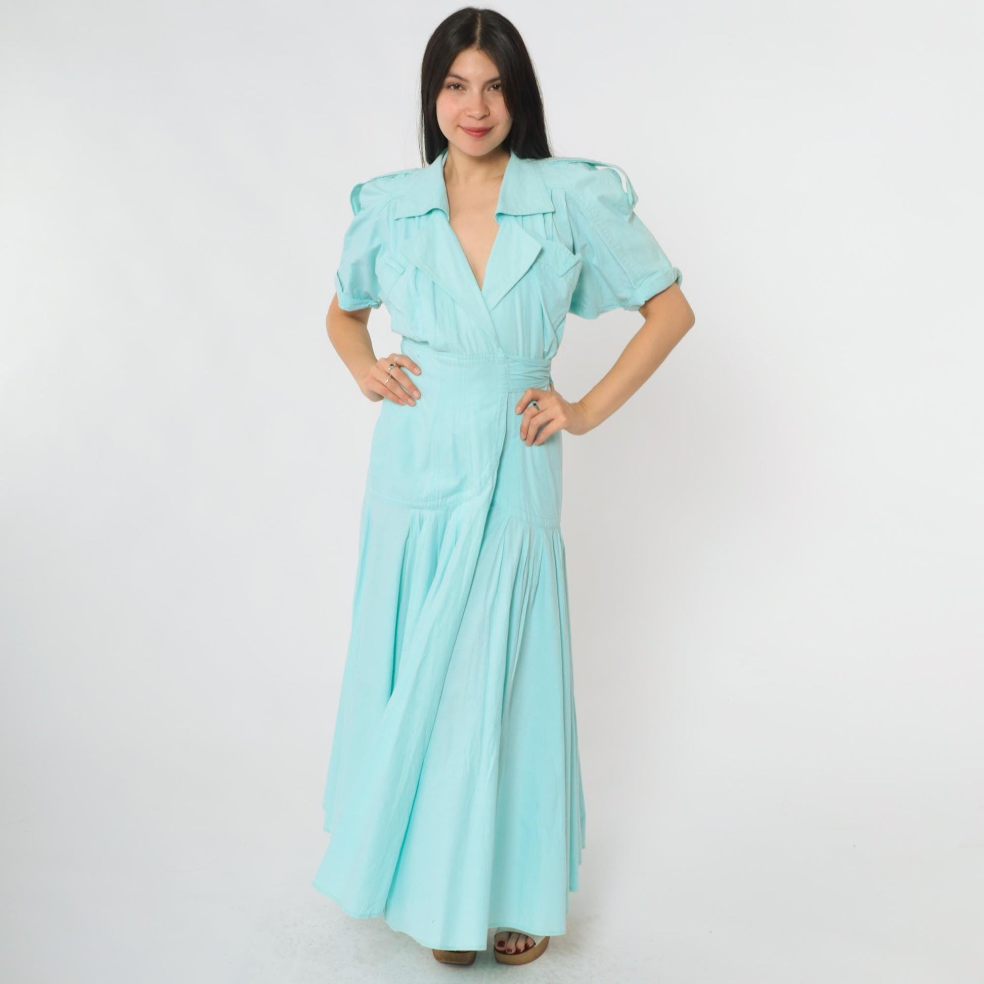 90s Karen Alexander Prairie Wrap Dress Mint Green Cotton Maxi Puff Sleeves Small S