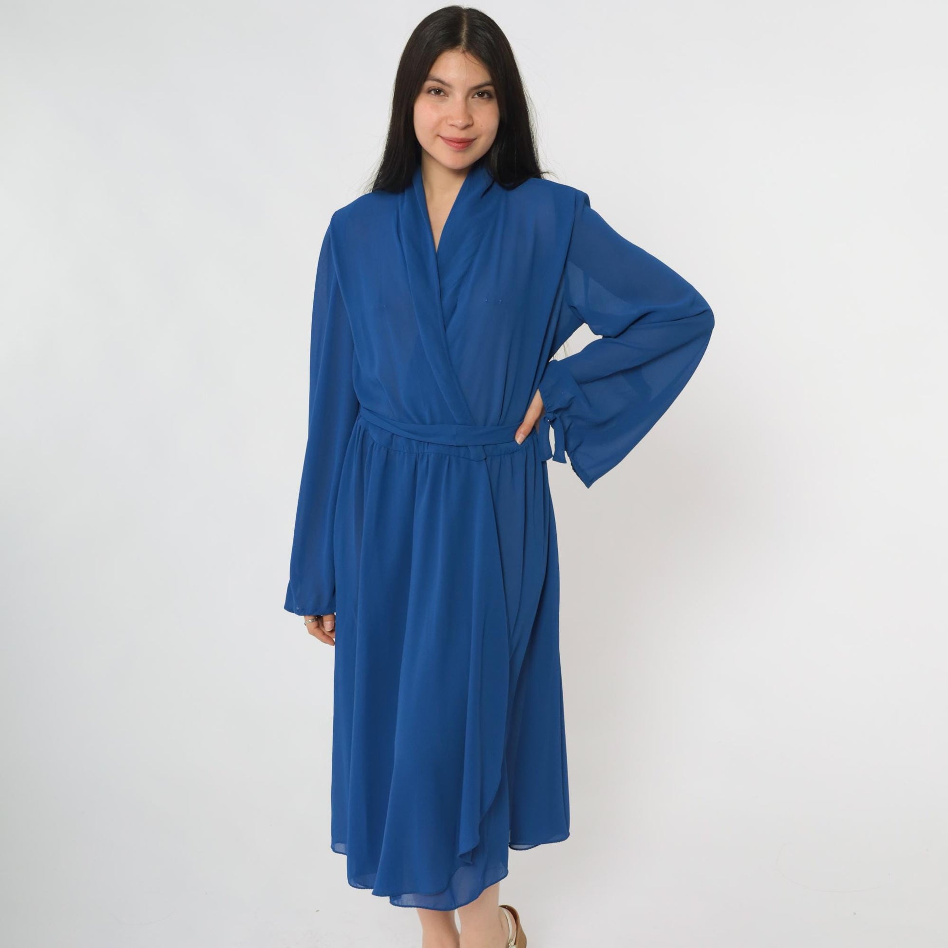 80s Royal Blue Wrap Dress Miss Elliette Midi Tie Waist Long Sleeve Large L
