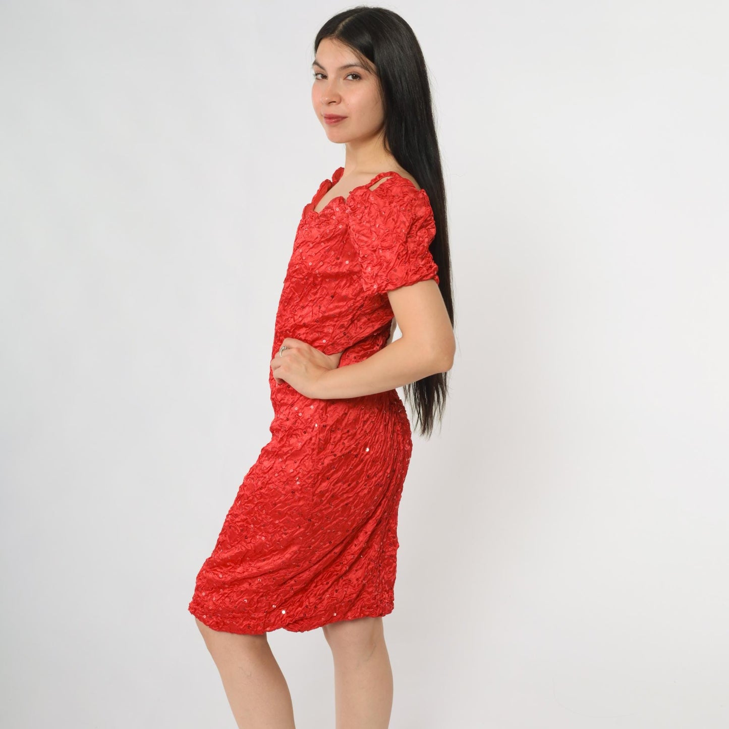 80s Zum Zum Red Sequin Cocktail Dress Off-Shoulder Sweetheart Small