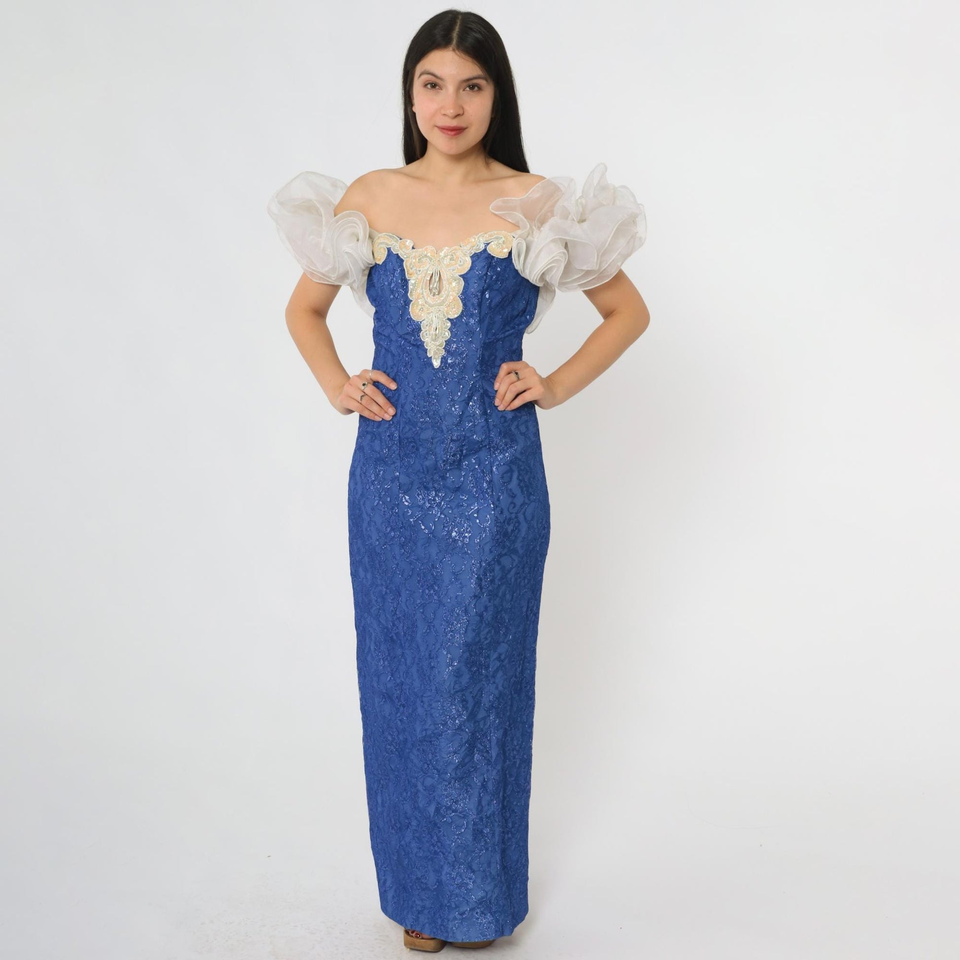 80s Royal Blue Lace Prom Gown Loralie Beaded Strapless Small