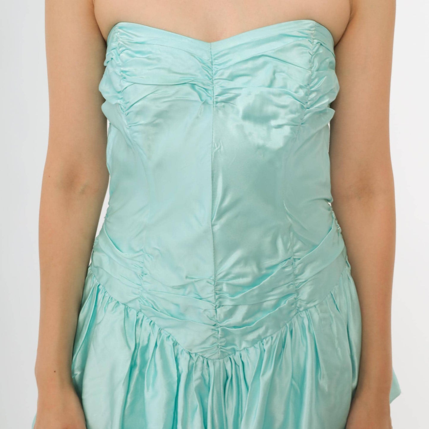 90s Roberta Mint Satin Strapless Mini Dress Tiered Ruffle Sweetheart Neckline Extra Small XS