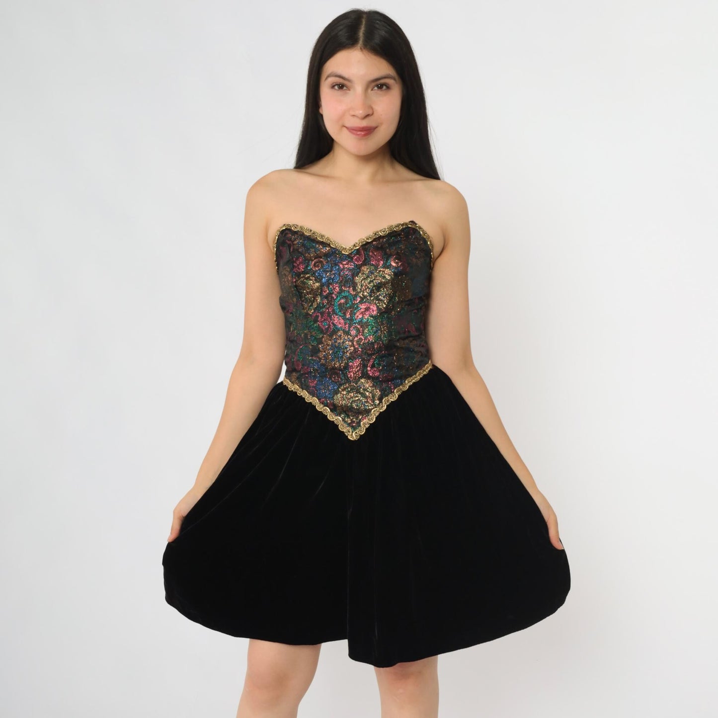 80s Zum Zum Black Mini Dress Brocade Bodice Gold Trim Sweetheart Small