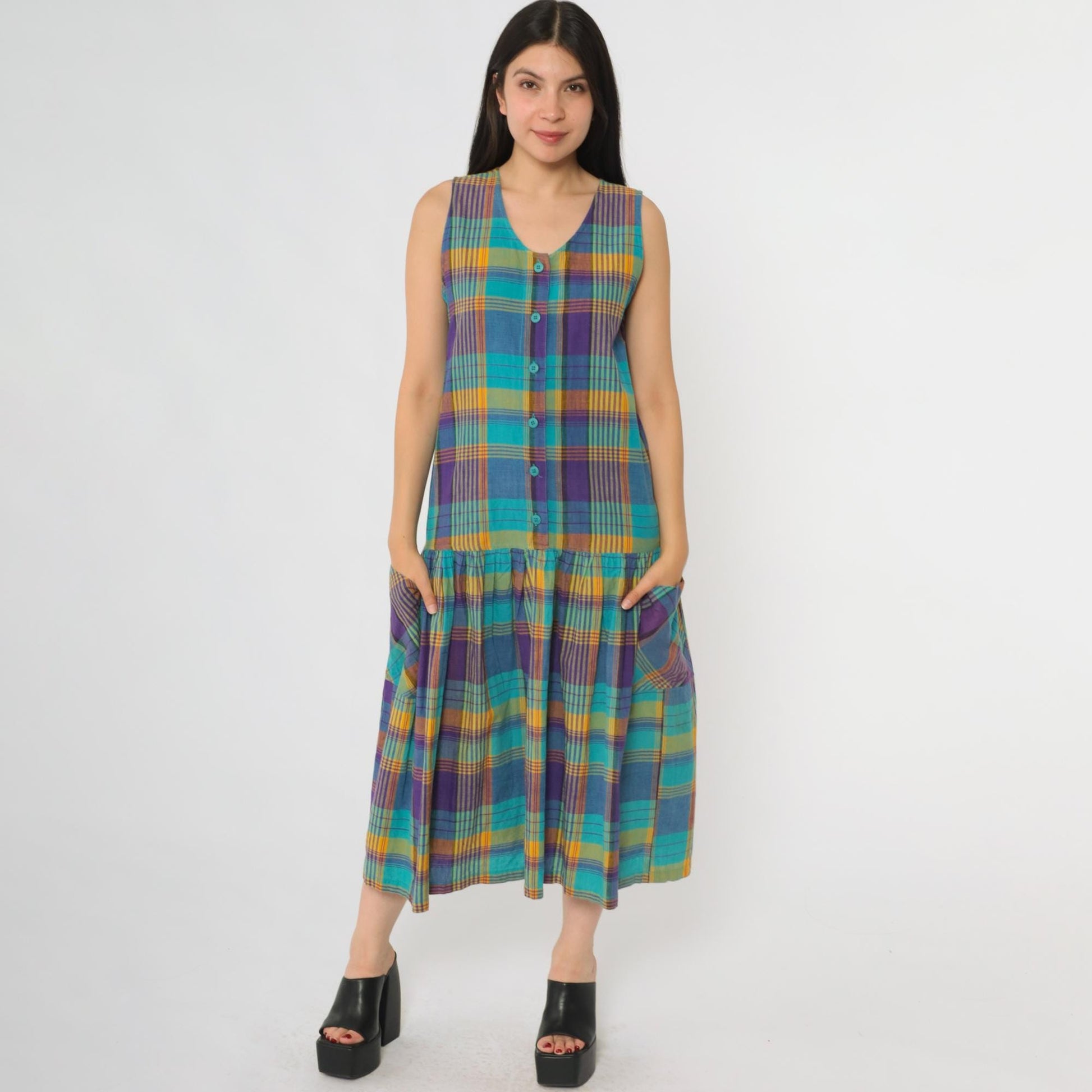 90s Honors Apparel Plaid Midi Dress Teal Purple Yellow Button Front Medium