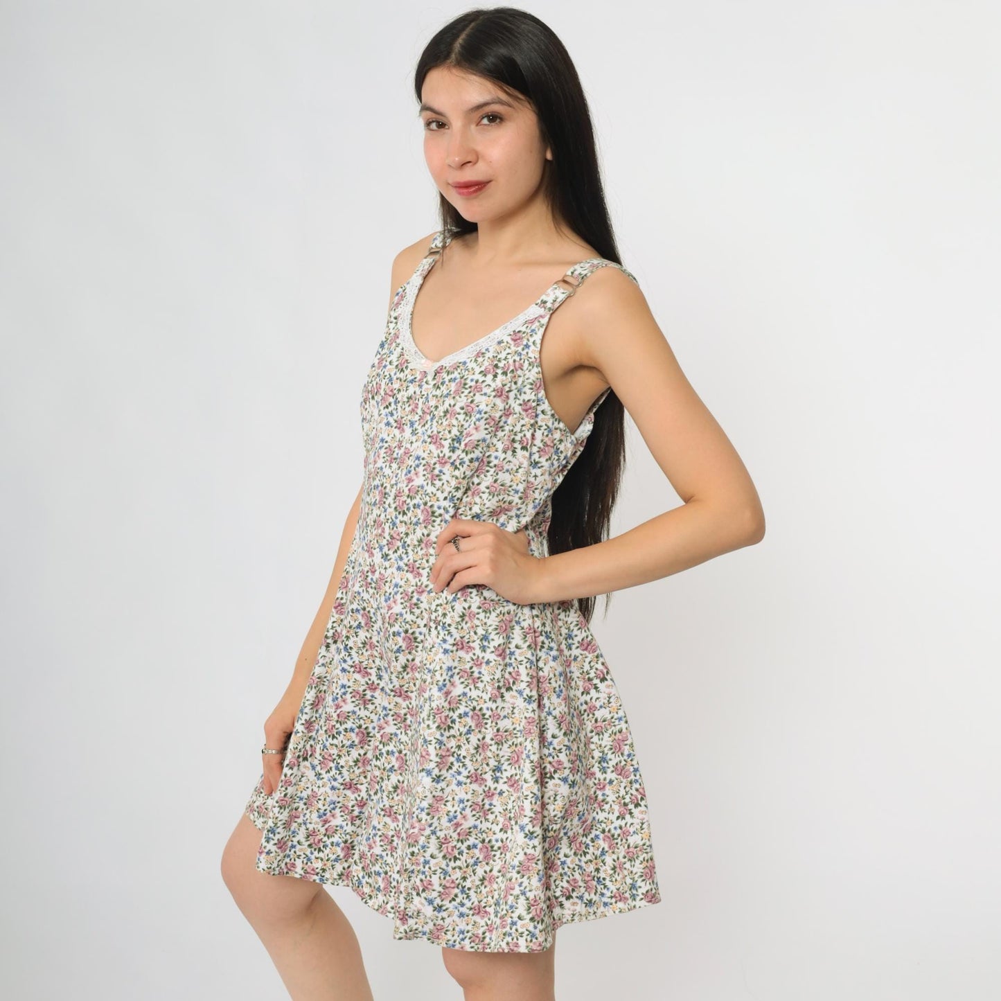 90s Stefano International White Floral Mini Romper Tank V-Neck Lace Trim Medium