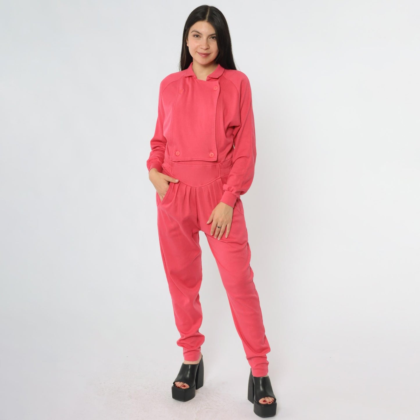 80s Hot Pink Tracksuit OS International Button Jacket Tapered Pants Small