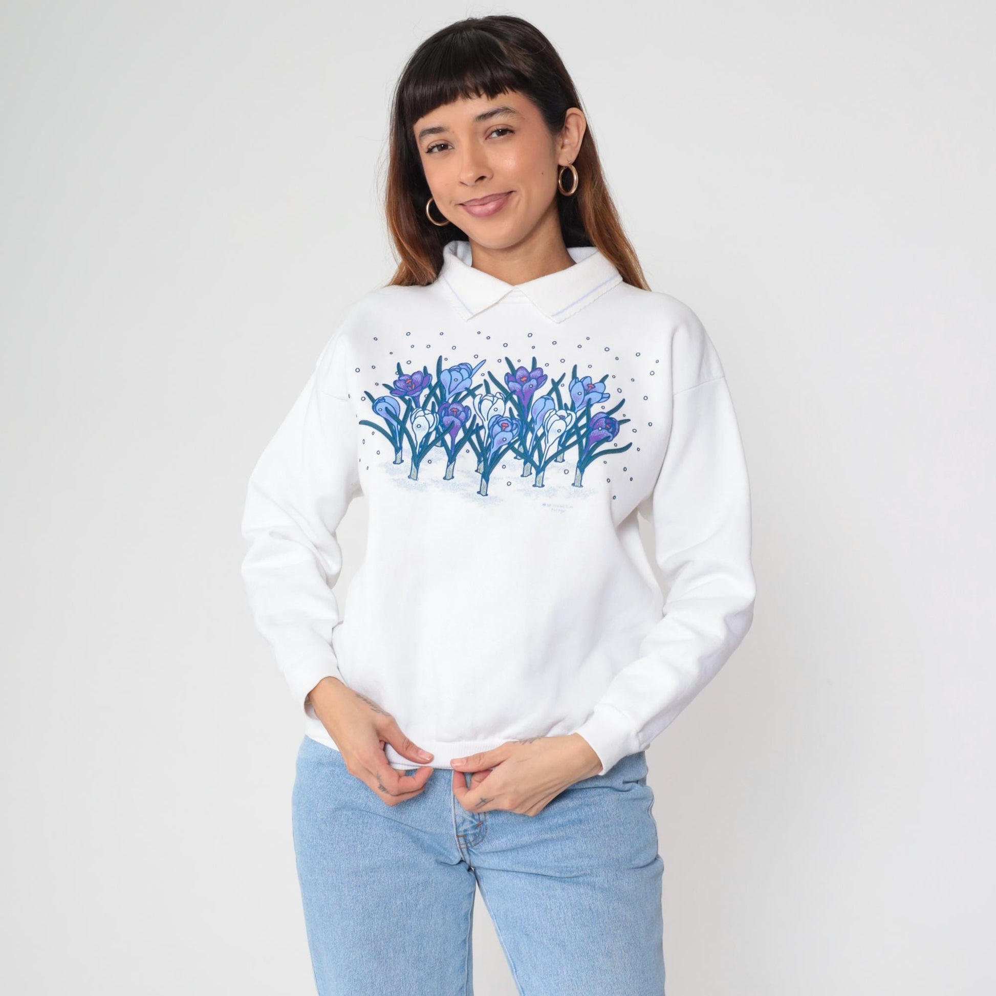 90s White Floral Puff Paint Collared Sweatshirt Medium M