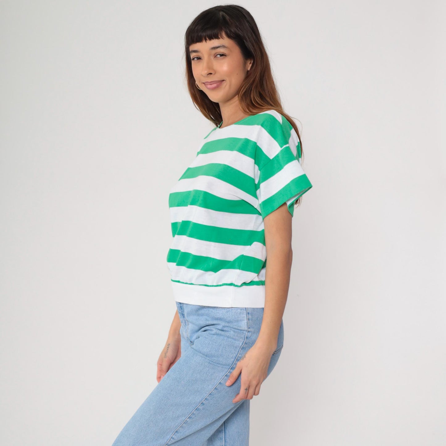 80s Striped T-Shirt White Green Crew Neck Short Sleeve Cotton Medium