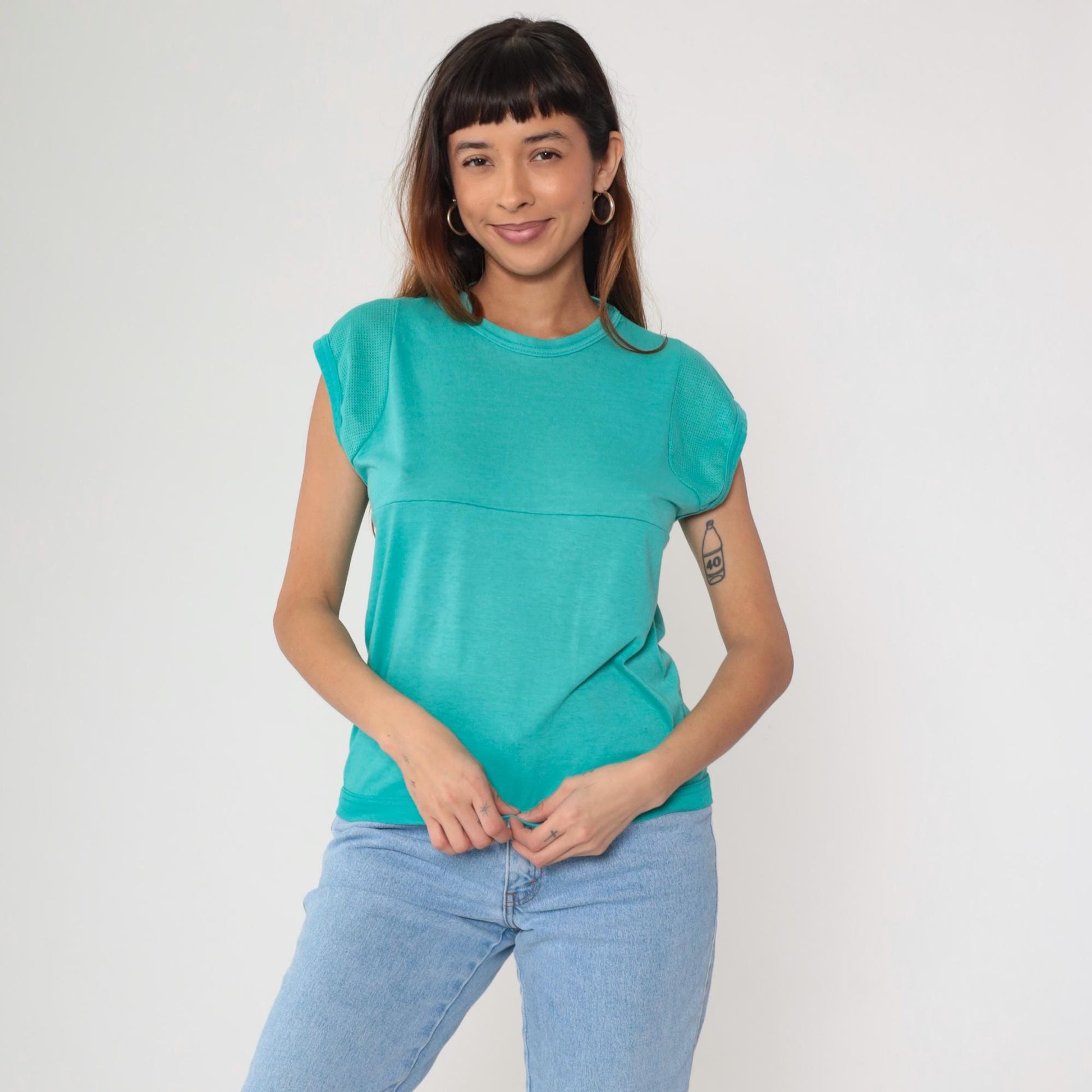 80s Turquoise Athletic Tank Top Mesh Panels Crew Neck Small Medium