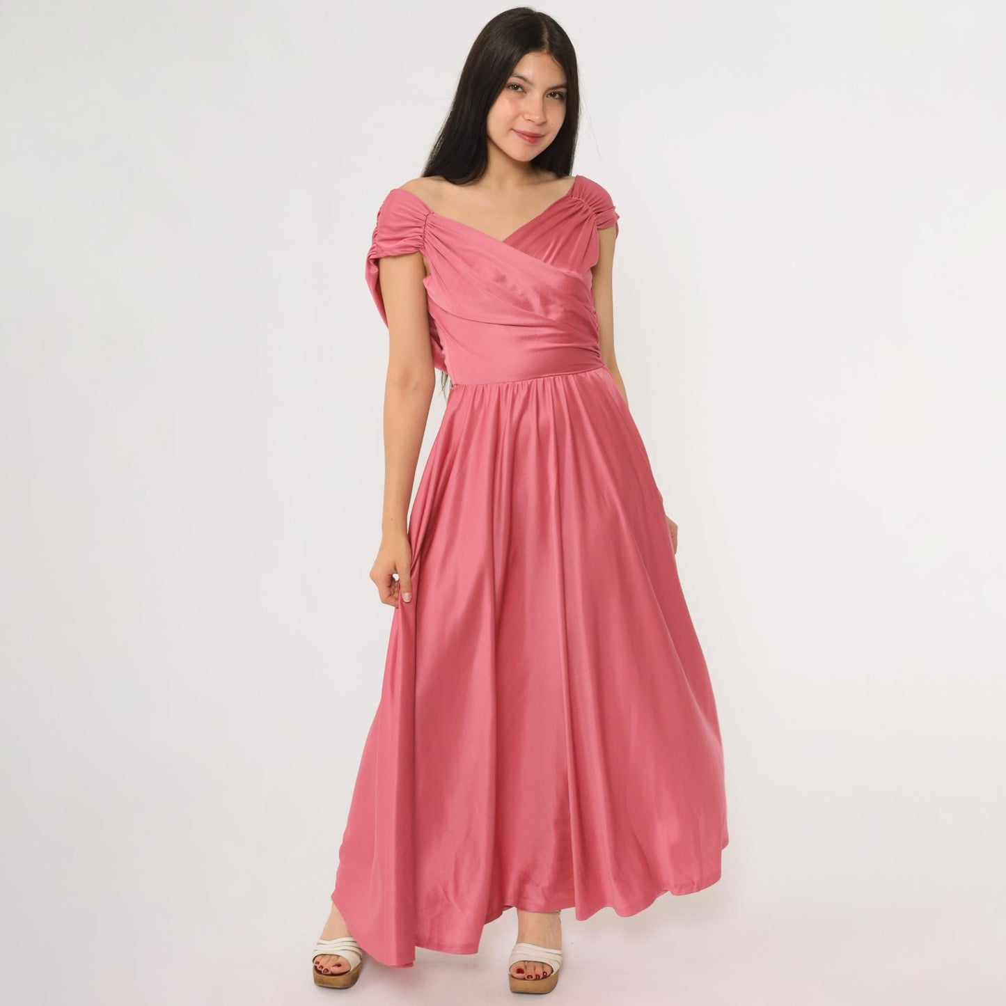 70s Coral Pink Maxi Dress Draped V-Neck Wrap Floor Length Extra Small XS