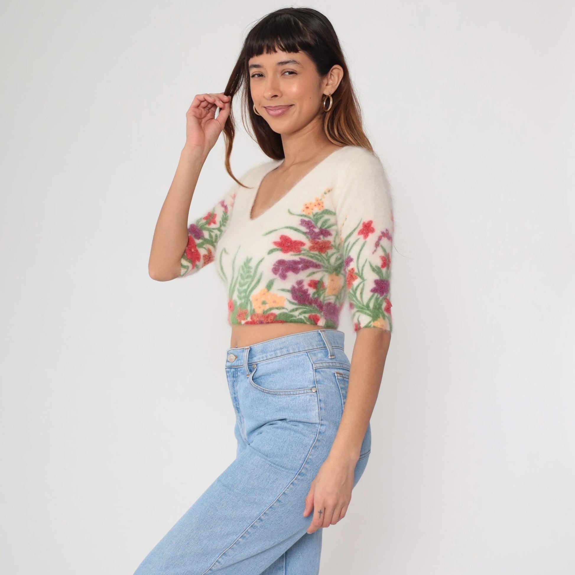 Y2K Cream Floral Crop Top Angora Embroidered V-Neck Extra Small XS