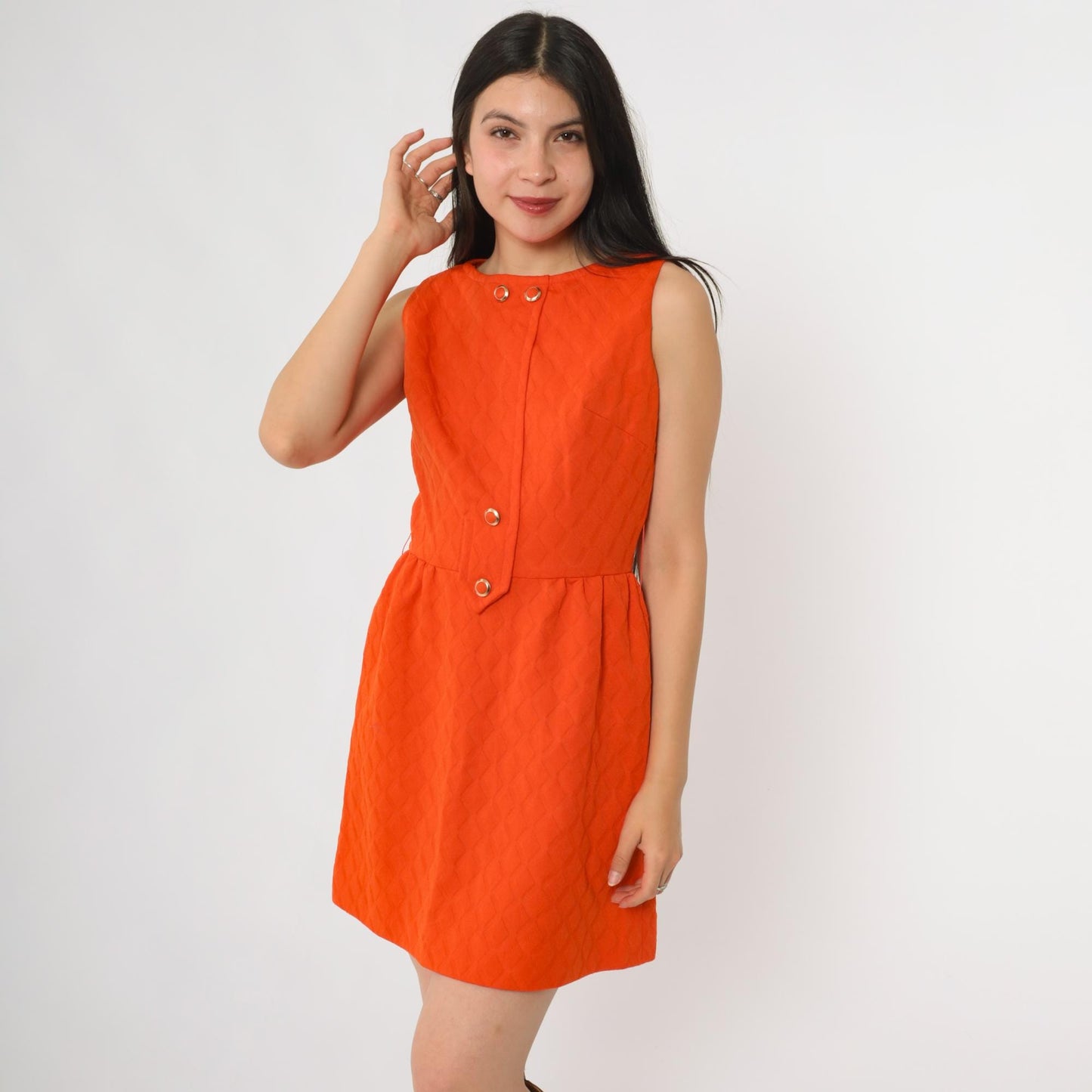 60s Orange Mod Mini Shift Dress A n R Jr Gold Button XS