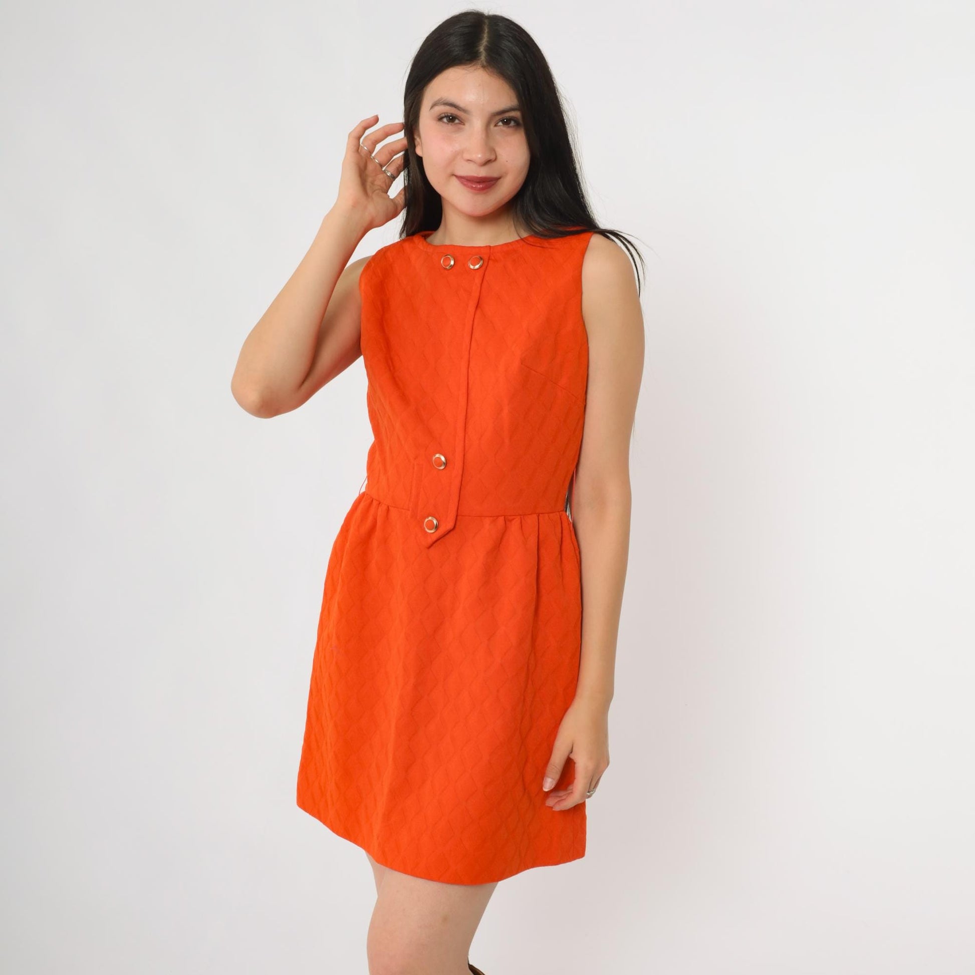 60s Orange Mod Mini Shift Dress A n R Jr Gold Button XS