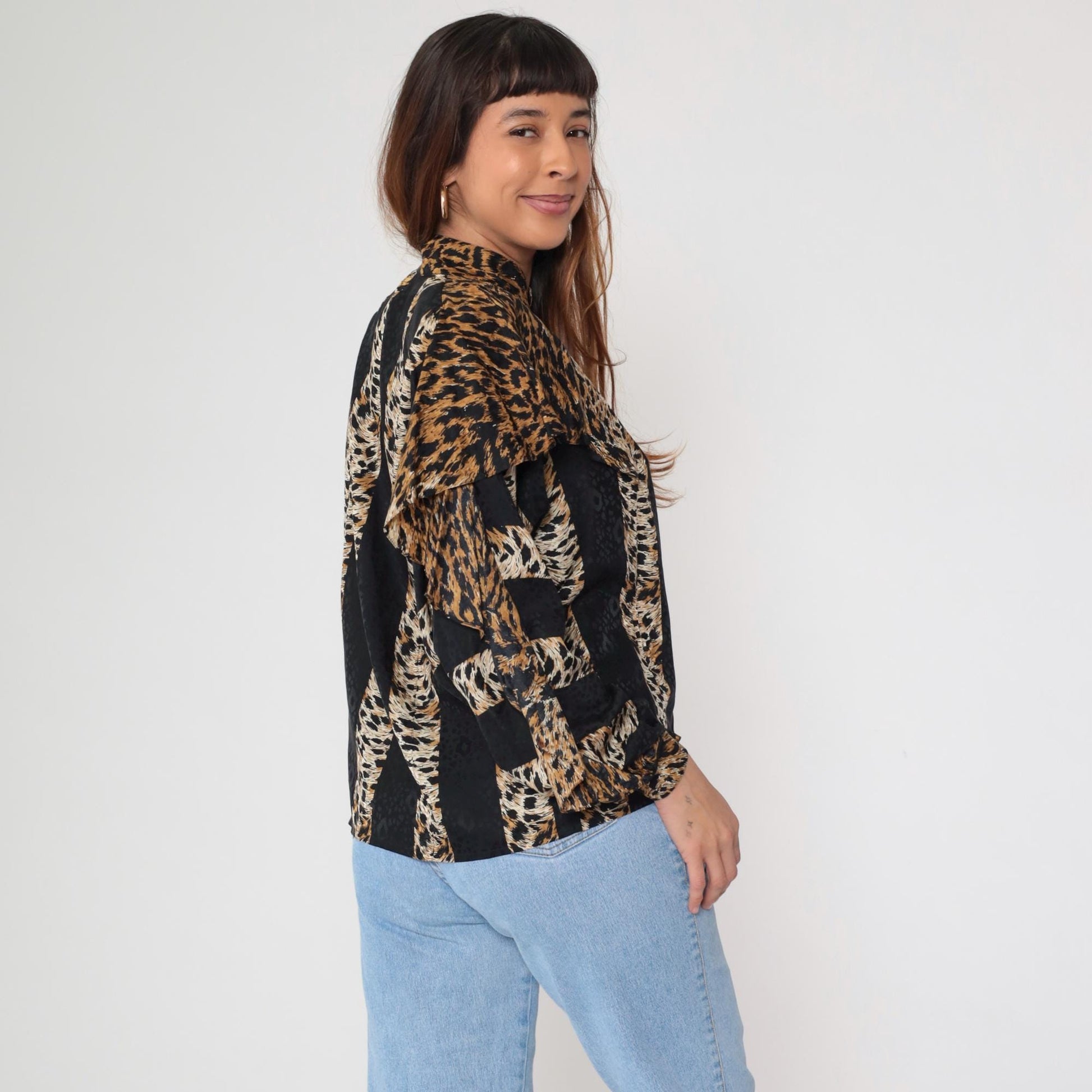 90s Adrianna Papell Silk Blouse Leopard Stripe Ruffle Long Sleeve Medium