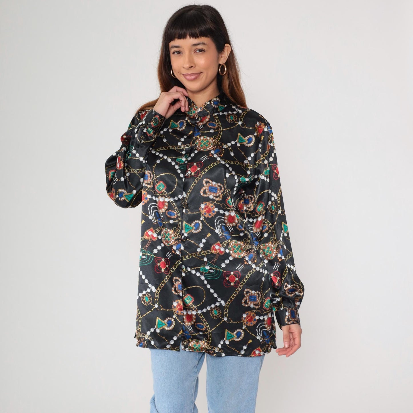 90s Baroque Gemstone Pearl Print Blouse Black Gold Chain Long Sleeve Large L