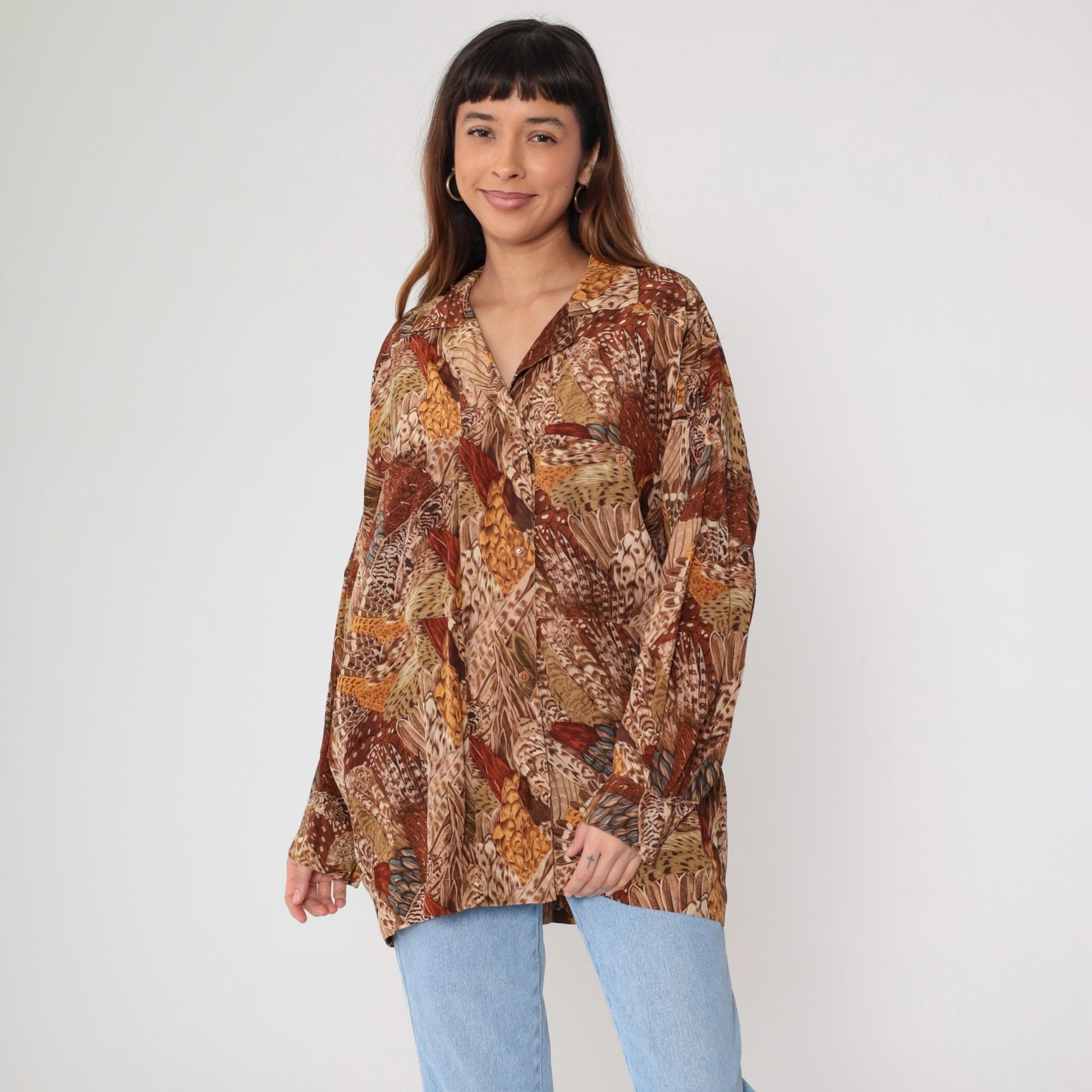 Ellen Tracy Silk Feather Print Blouse Brown Button Front Long Sleeve Large