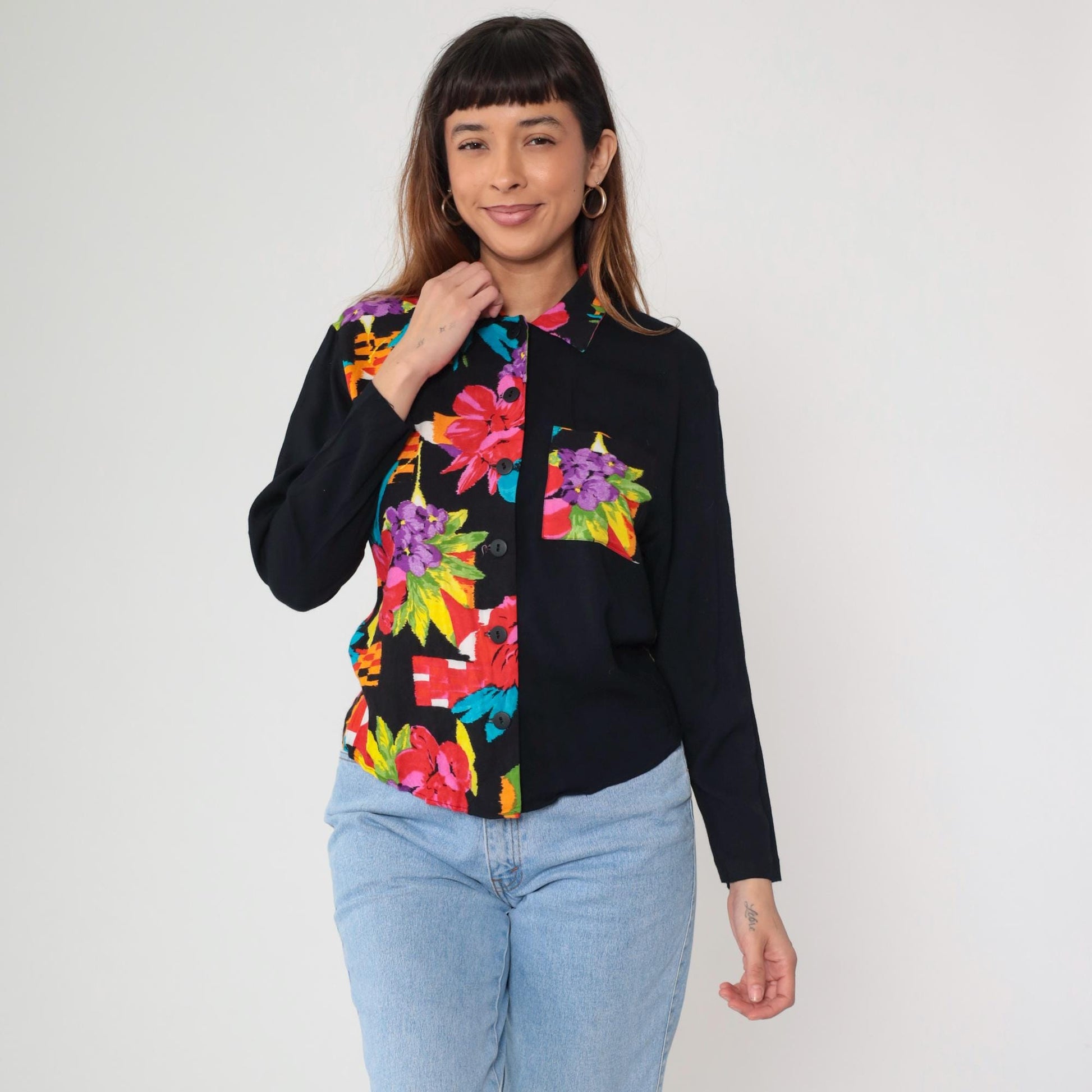 90s F Stop Floral Blouse Black Rayon Hibiscus Print Button-Up Small S