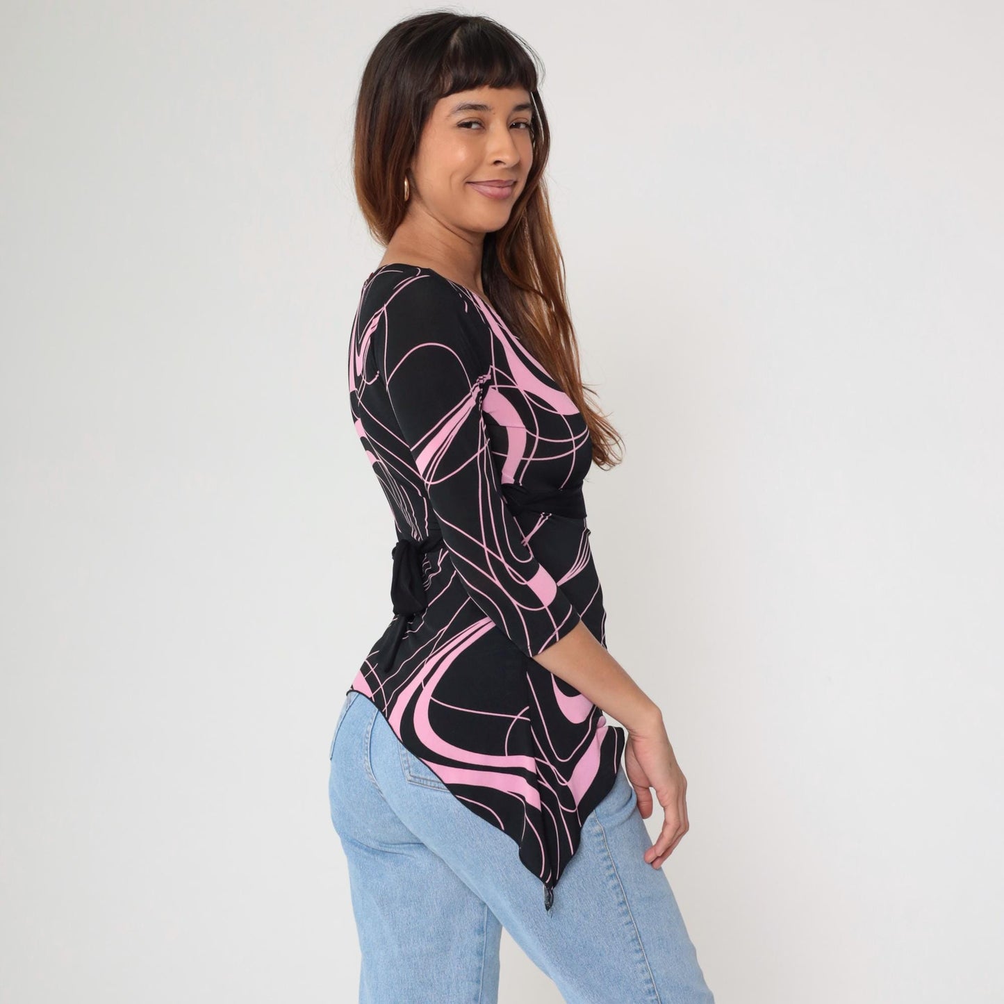 Y2K Tempted Wrap Top Black Pink Swirl Print V-Neck Small S