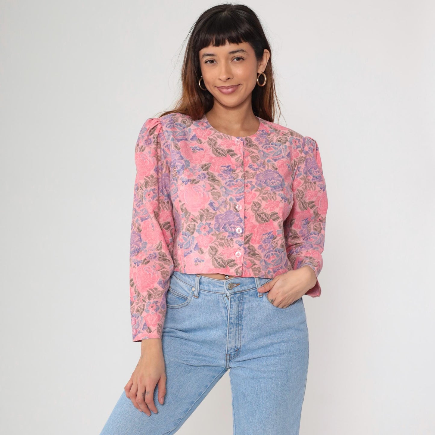 90s Alison J Floral Cropped Blouse Pink Purple Rose Puff Sleeve Medium