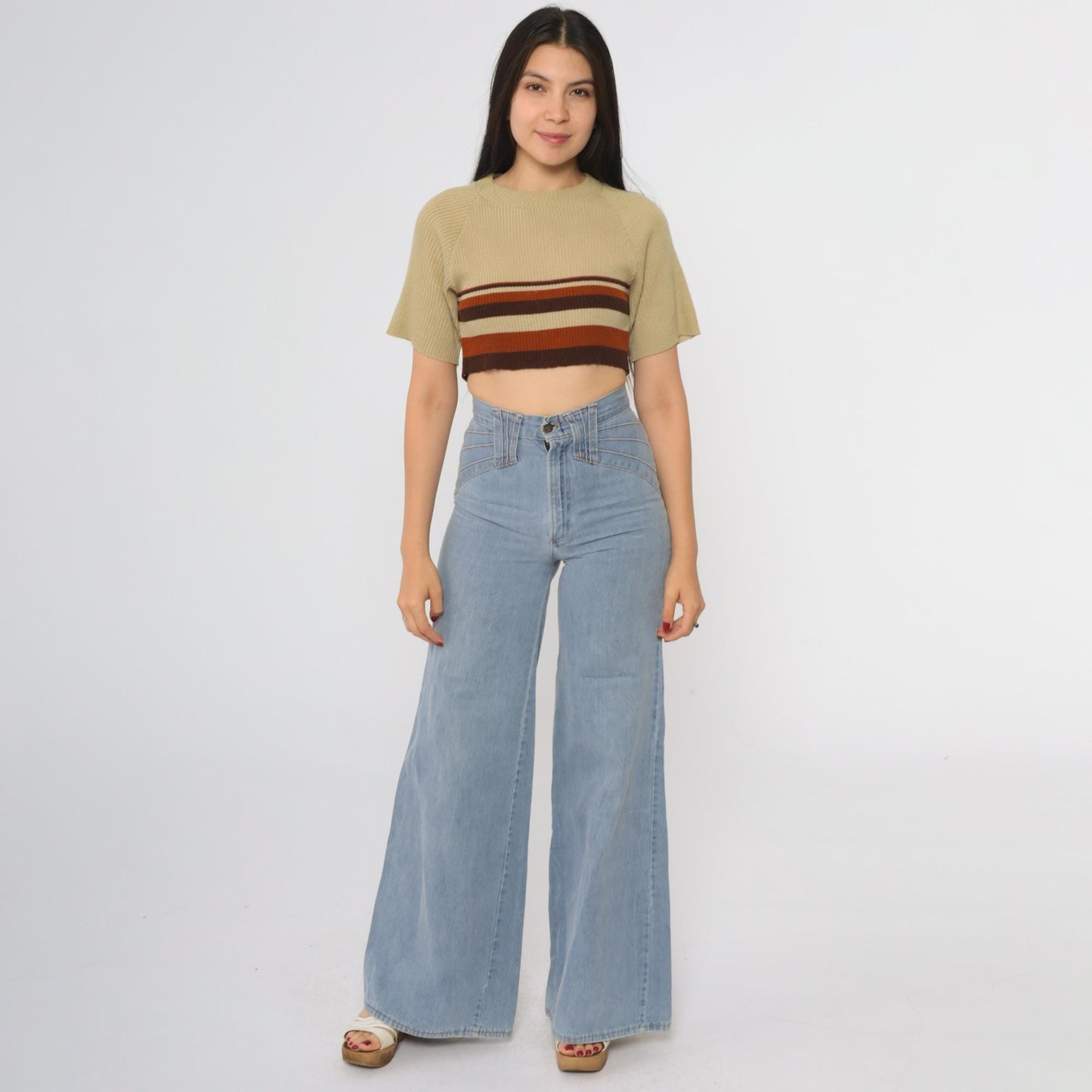 70s Striped Crop Top Tan Brown Rust Rib Knit Short Sleeve Crew Neck Large