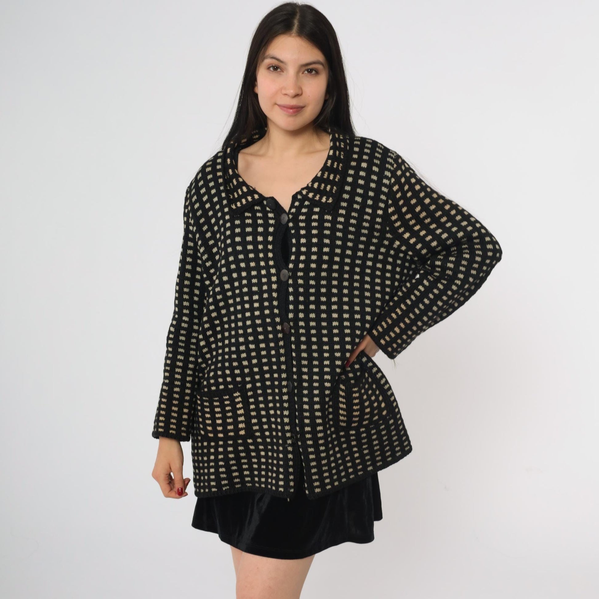 80s Black Cream Check Wool Sweater Coat Collared Cardigan Large L
