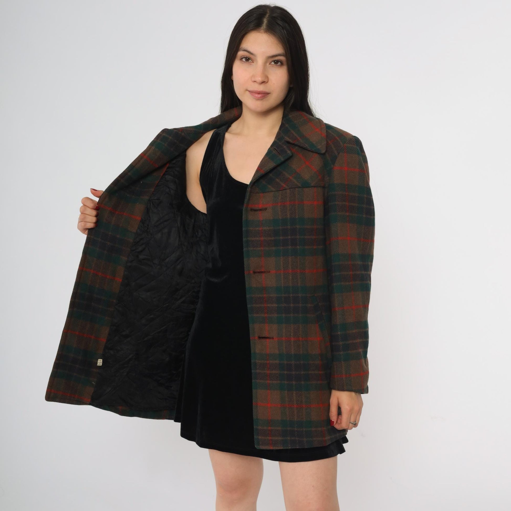 70s Pendleton Wool Coat Brown Green Red Plaid Button Front Medium M