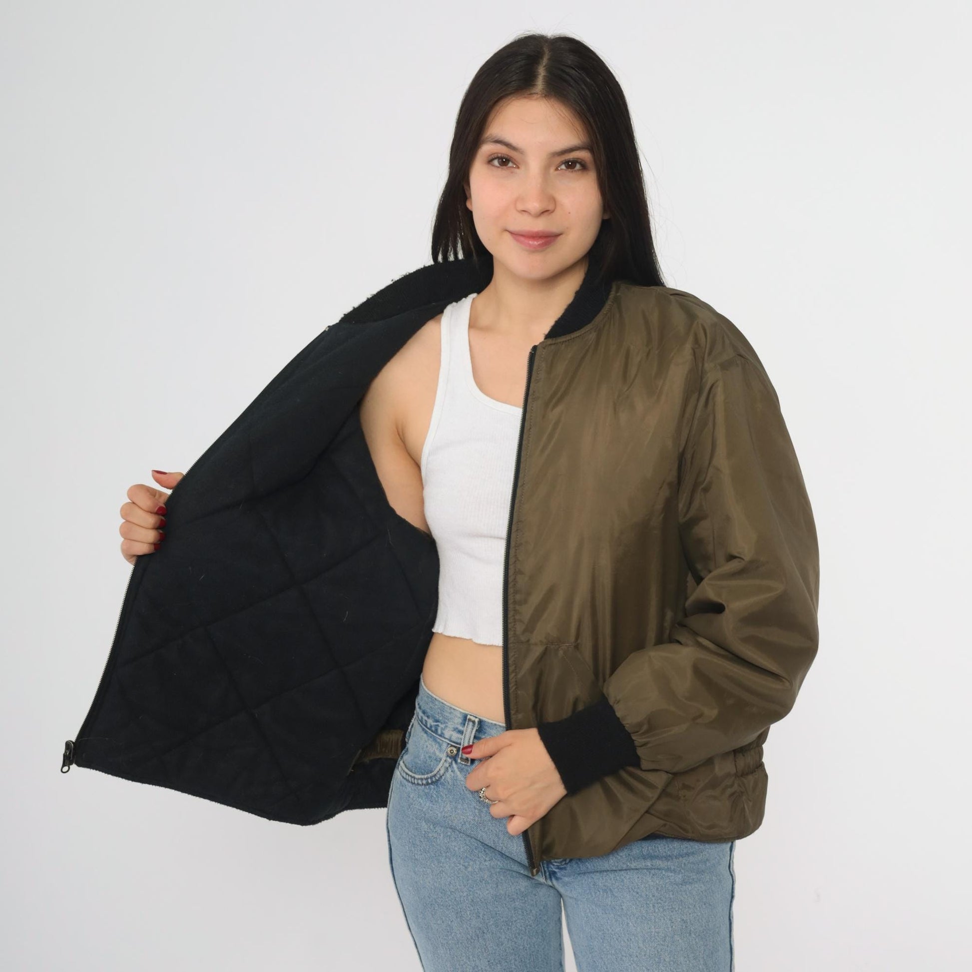 90s RedHead Olive Green Nylon Bomber Jacket Black Rib Trim XL