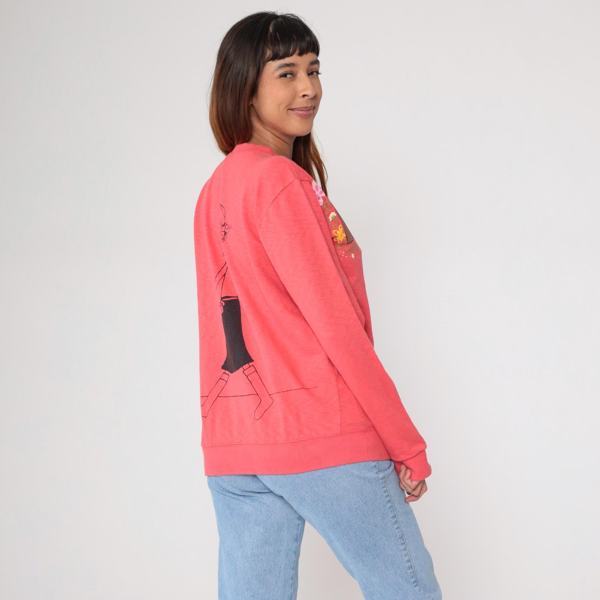 Y2K Coral Pink Sweatshirt Girl Illustration Cat Graphic Crewneck Medium M