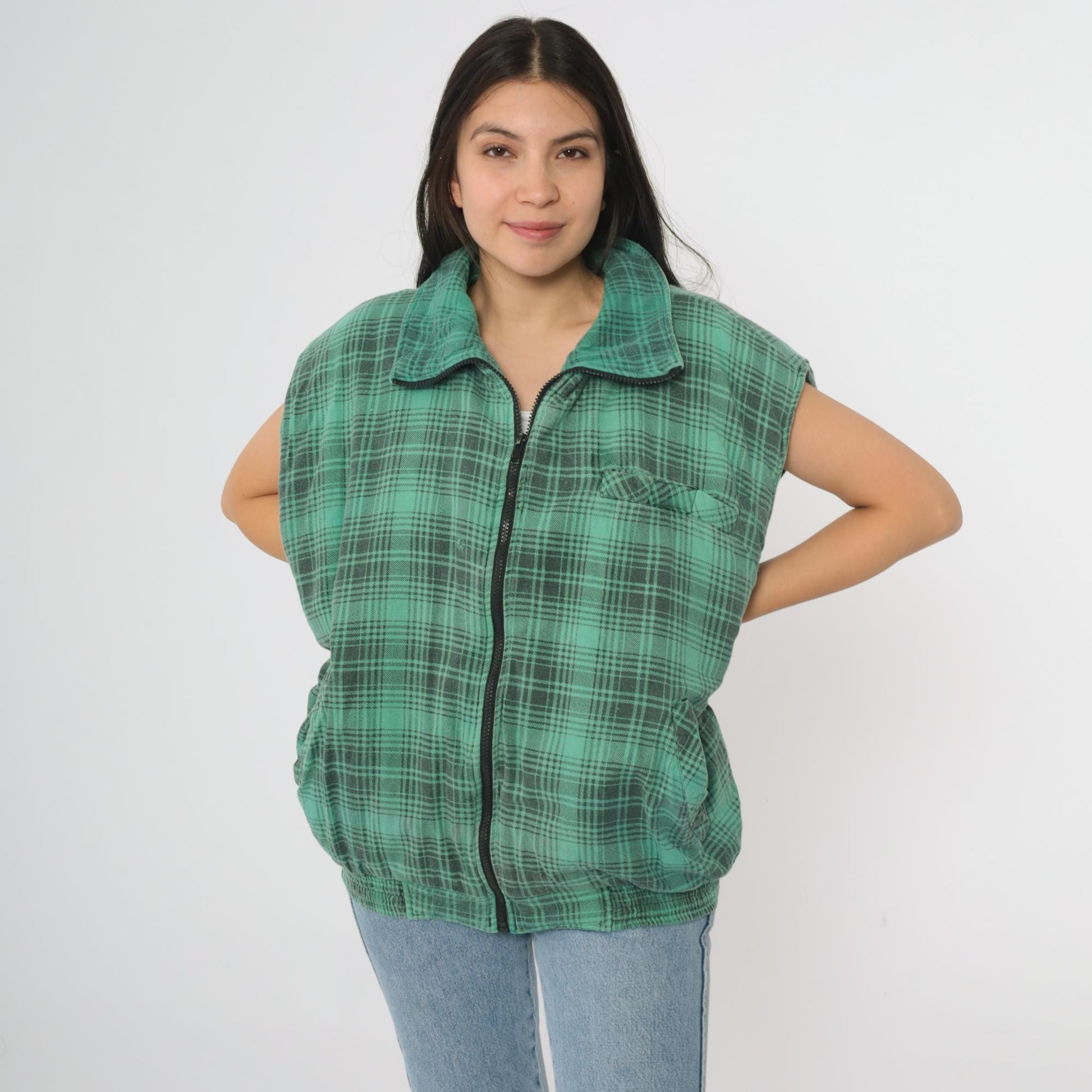90s Northwest Territory Green Plaid Vest Tartan Zip Sleeveless Large