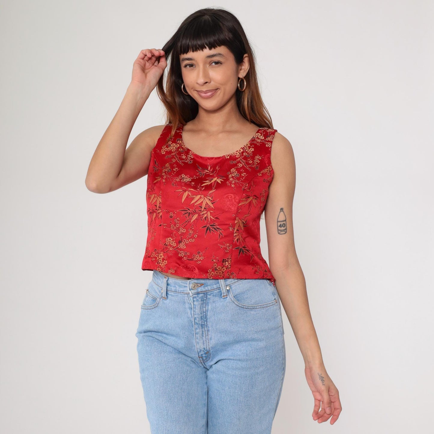 00s Red Satin Crop Top Cherry Blossom Bamboo Print Scoop Neck Small