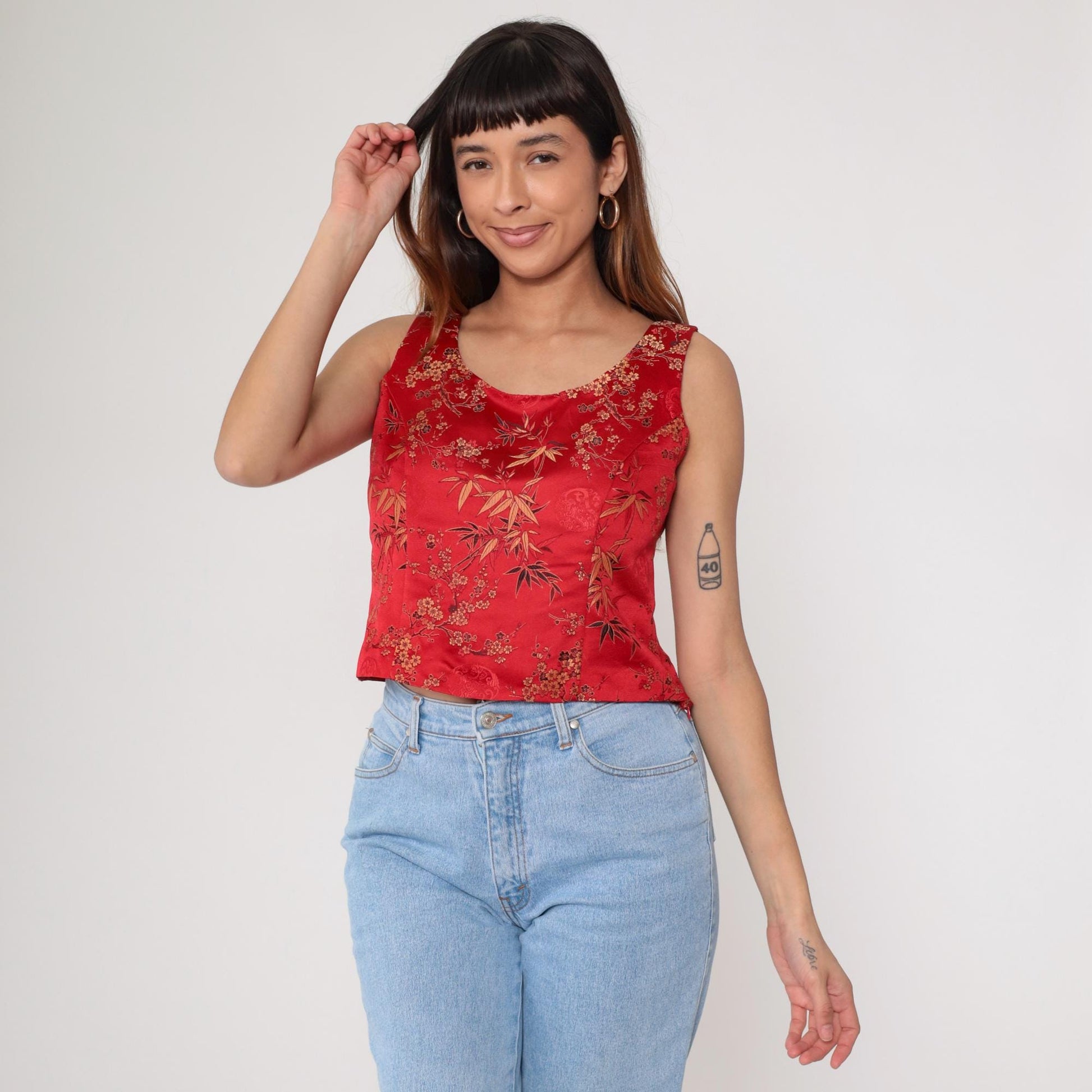 00s Red Satin Crop Top Cherry Blossom Bamboo Print Scoop Neck Small