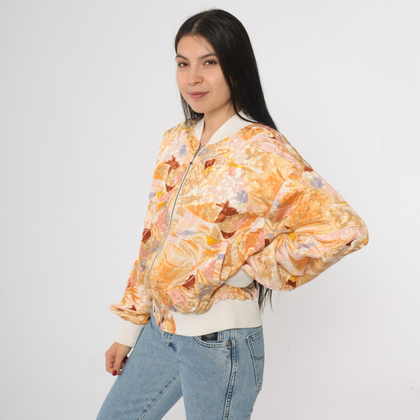 90s Hanasport Watercolor Bomber Jacket Abstract Print Peach Medium M