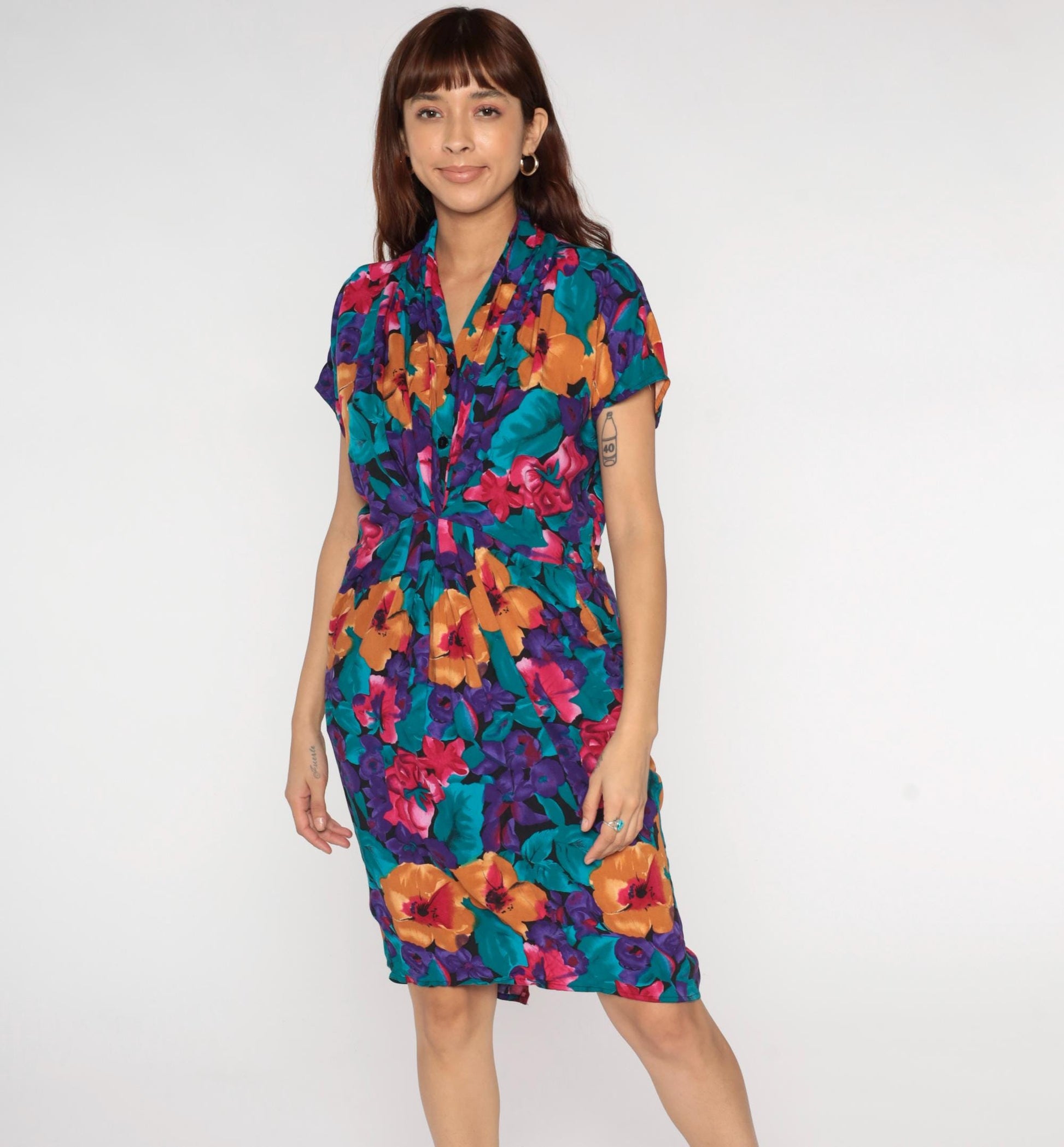 90s Tess Dress Tropical Floral Print V-Neck Tie Waist Dress Medium M