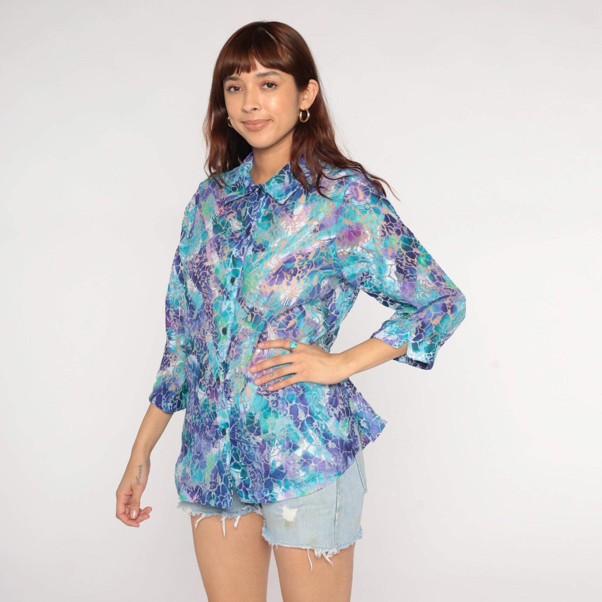 90s Allison Daley Sheer Burnout Blouse Holographic Floral Purple Large L