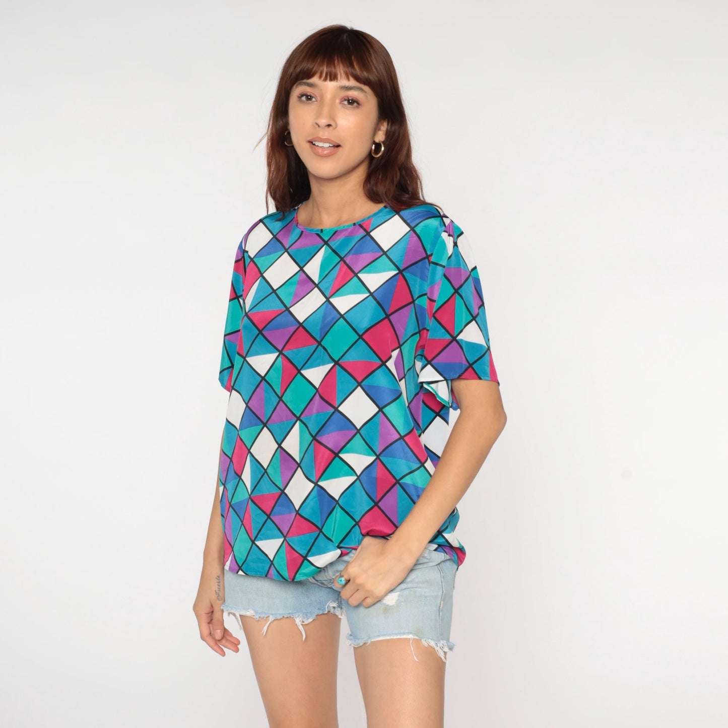 90s Geometric Square Triangle Print Button Up Blouse Colorful Short Sleeve Large L