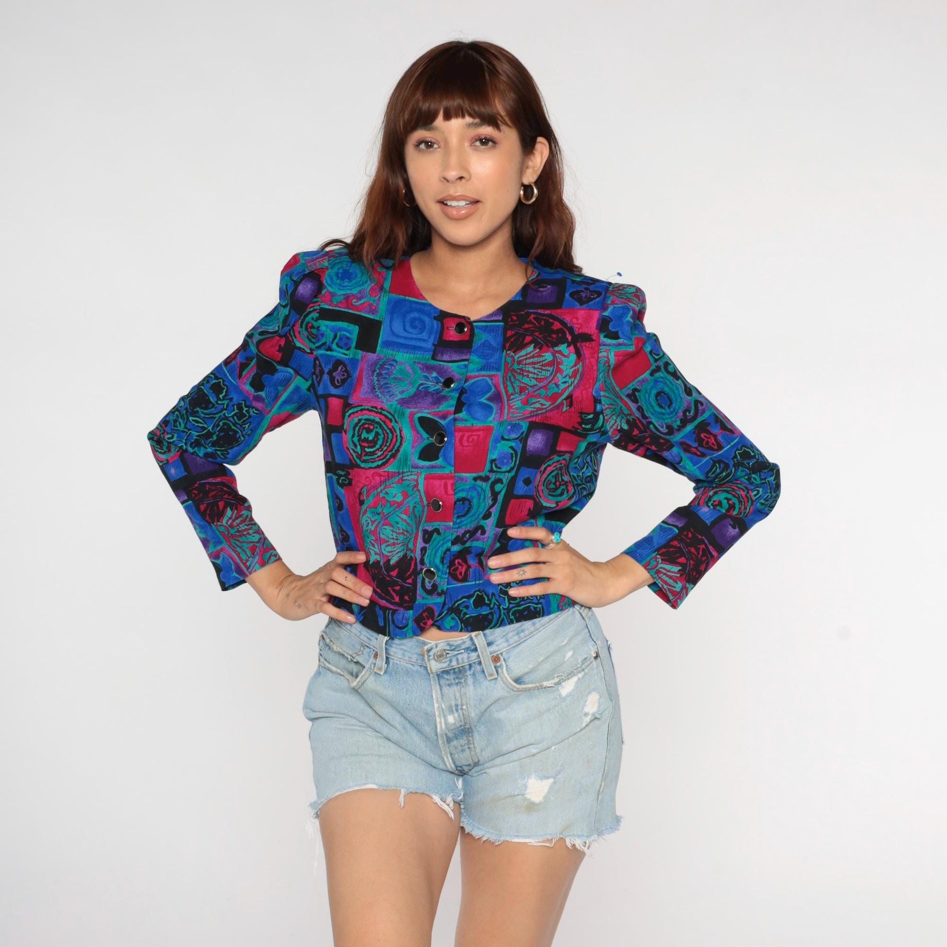 90s Patchwork Button Blouse Abstract Geometric Print Cropped Long Sleeve Medium