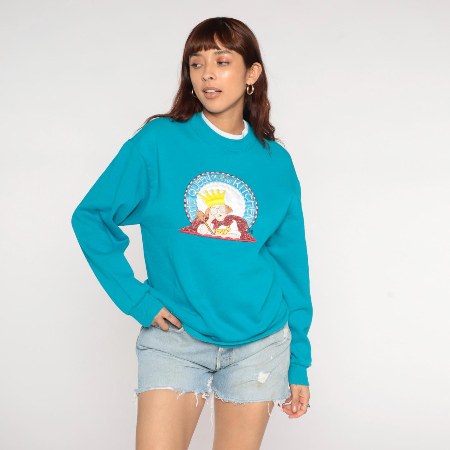 90s Mary Engelbreit Queen of the Kitchen Sweatshirt Teal Granny Collar Medium M