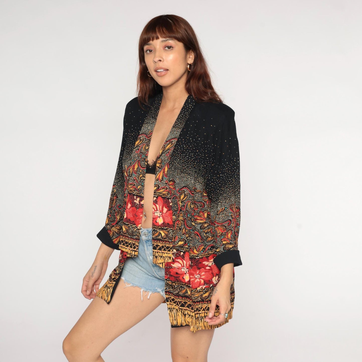 90s Paisley Kimono Cardigan Black Red Gold Floral Open Front Medium M