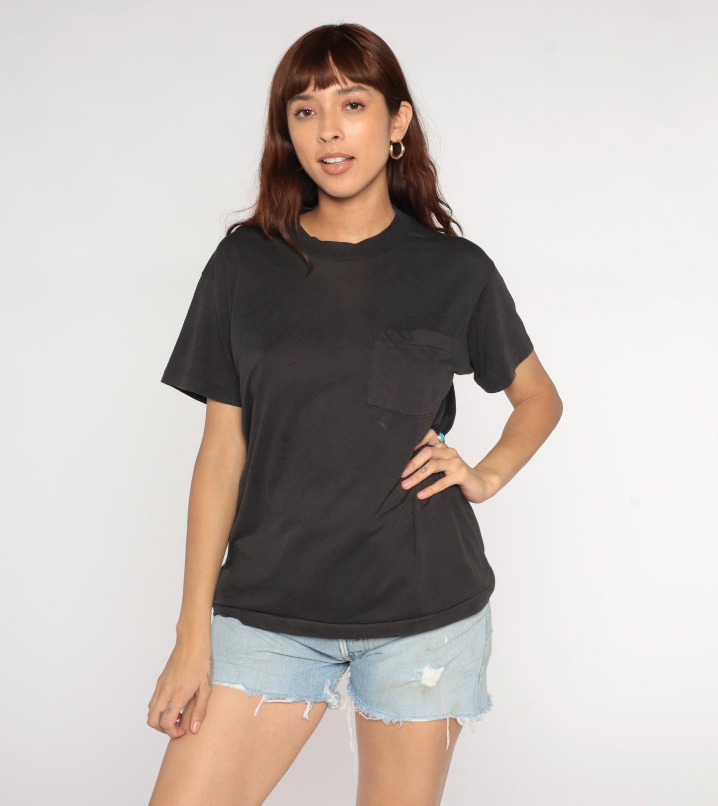 90s Black Pocket T-Shirt Cotton Blend Crewneck Small Medium