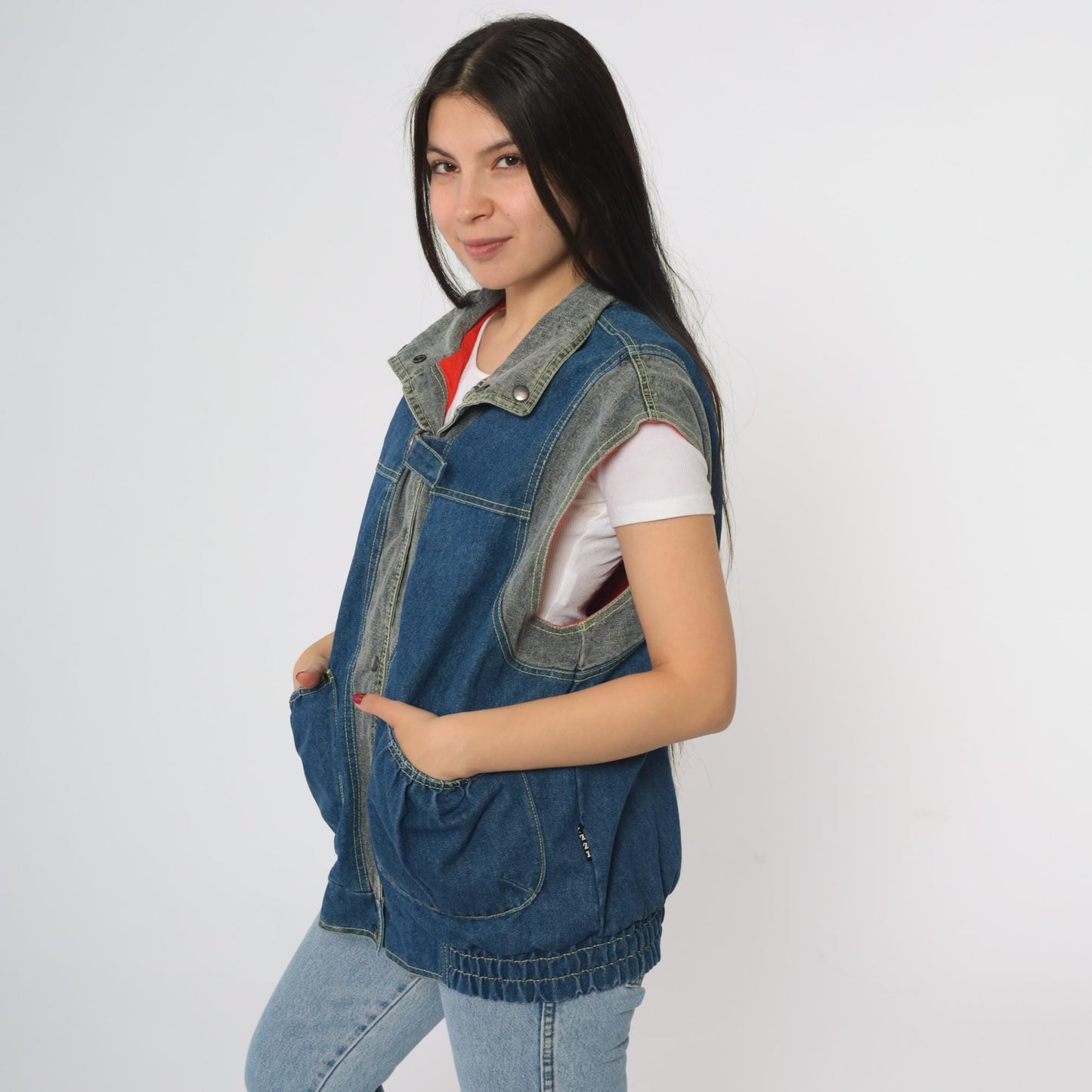 80s Izzi Reversible Denim Vest Blue Red Colorblock Medium M