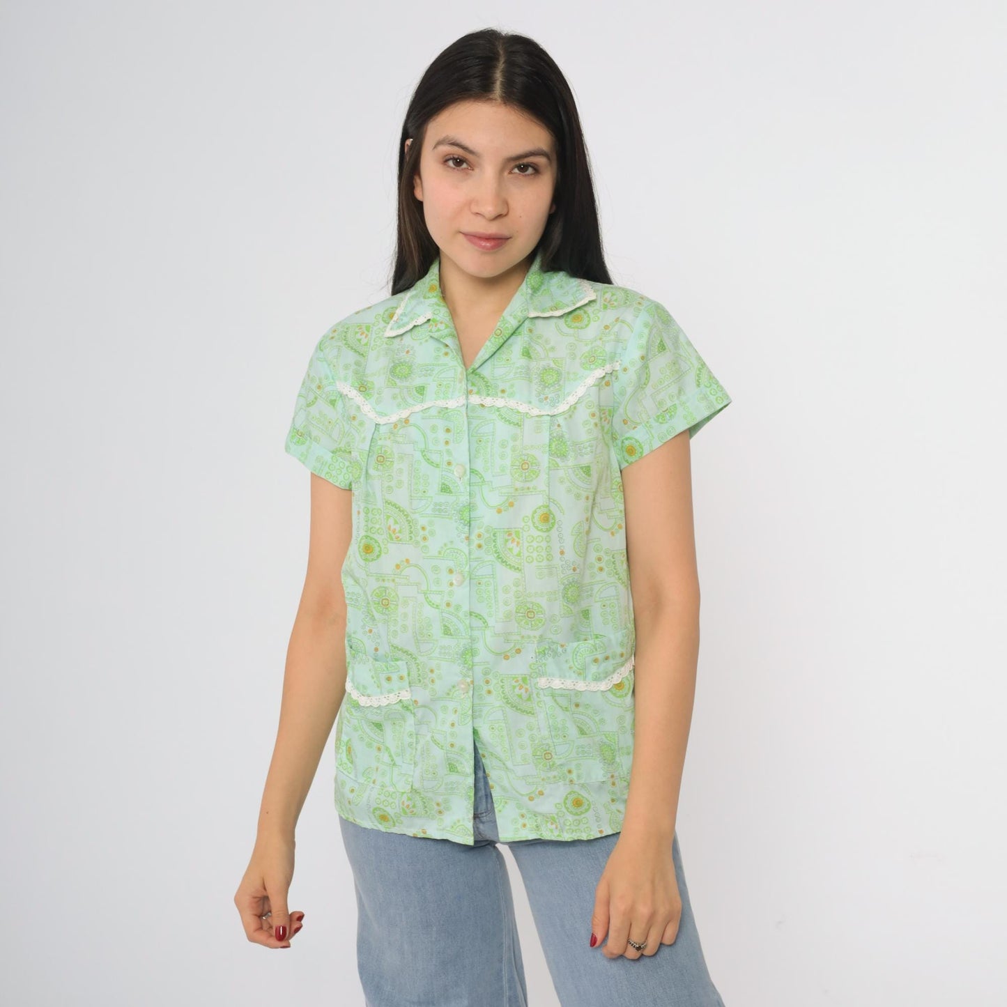 70s Sum Wah Mint Green Floral Button-Up Blouse Short Sleeve Collared Medium