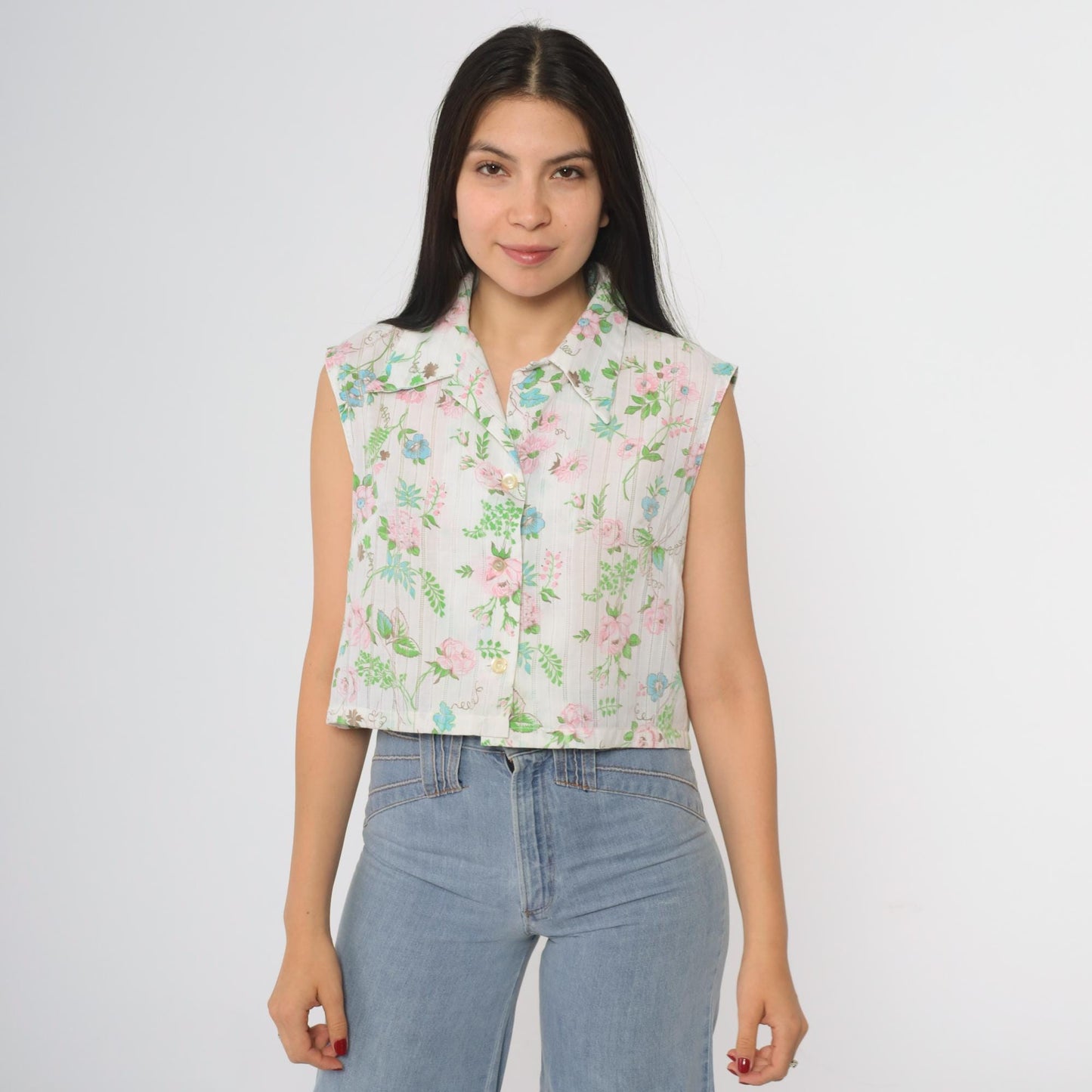 70s Lori Lynn Floral Crop Blouse White Collared Button-Up Medium