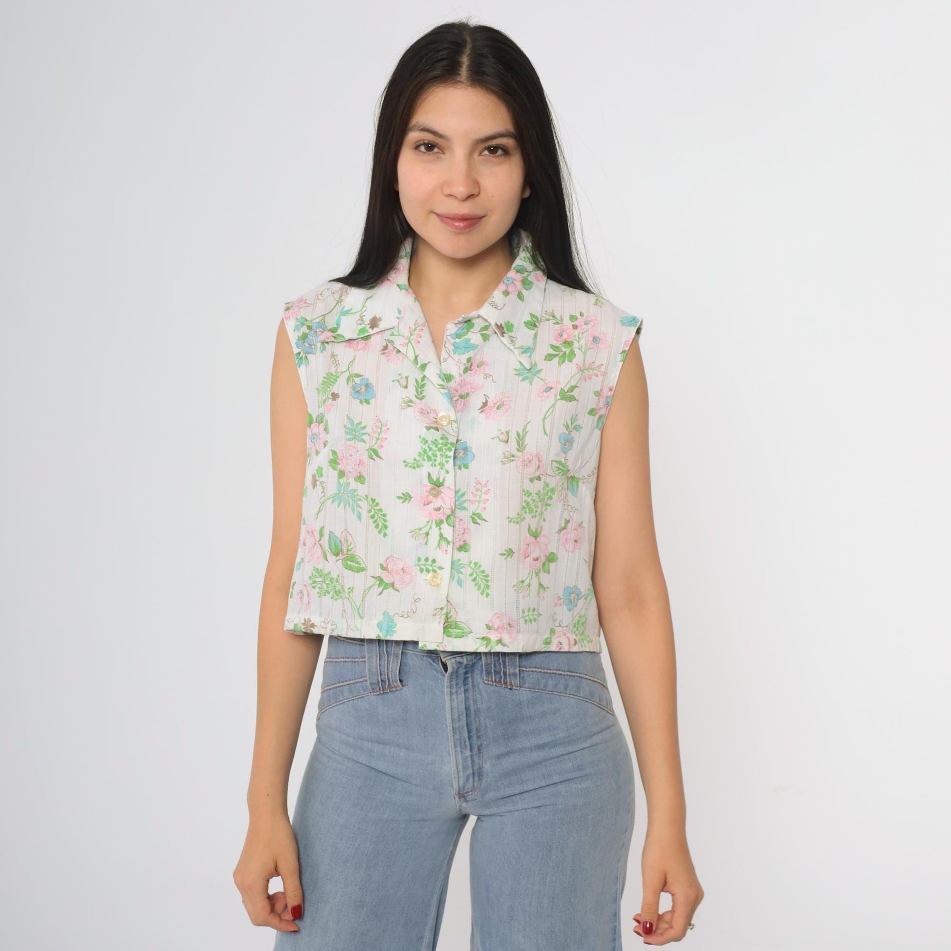 70s Lori Lynn Floral Crop Blouse White Collared Button-Up Medium